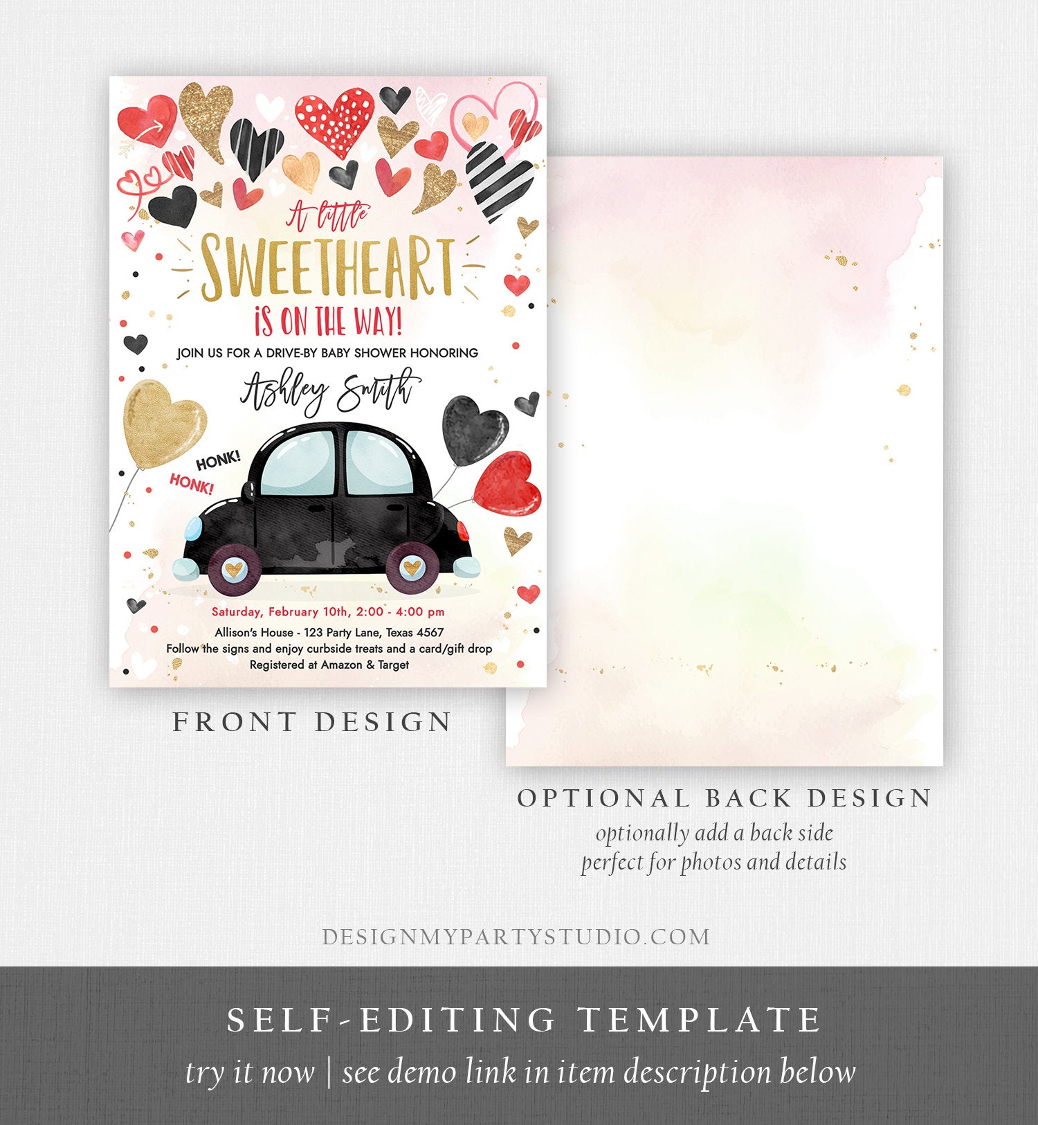 Editable Drive By Sweetheart Baby Shower Invitation Valentine Black Gold Hearts Drive Through Red Heart Car Corjl Template Printable 0371