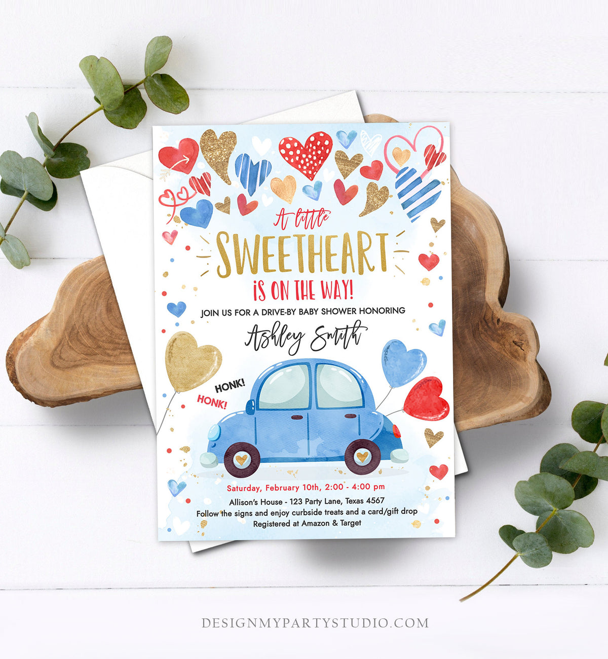 Editable Drive By Sweetheart Baby Shower Invitation Valentine Blue Gold Hearts Drive Through Red Heart Car Corjl Template Printable 0371