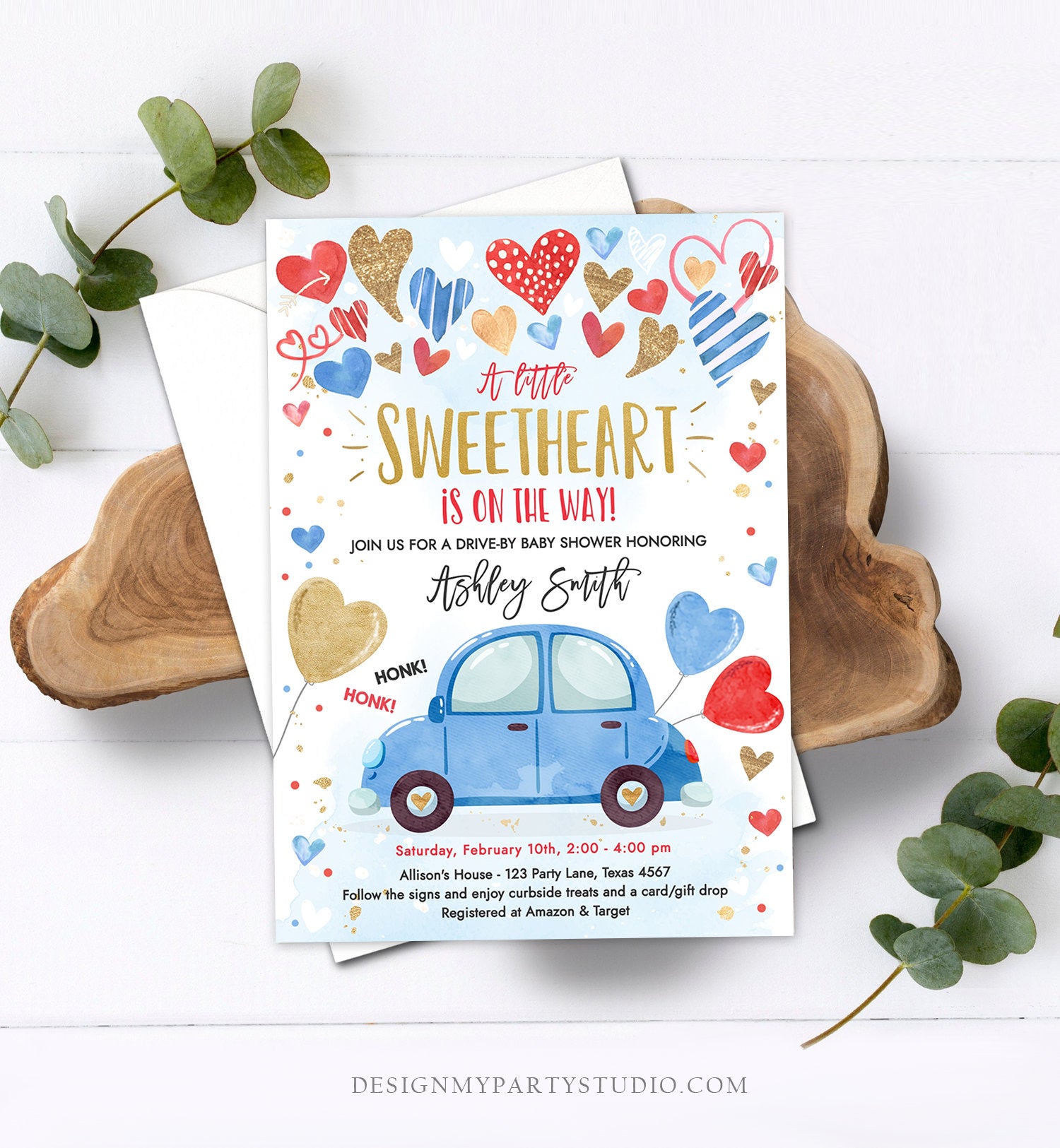 Editable Drive By Sweetheart Baby Shower Invitation Valentine Blue Gold Hearts Drive Through Red Heart Car Corjl Template Printable 0371