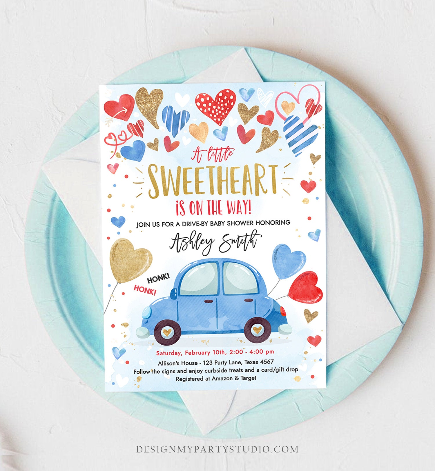 Editable Drive By Sweetheart Baby Shower Invitation Valentine Blue Gold Hearts Drive Through Red Heart Car Corjl Template Printable 0371