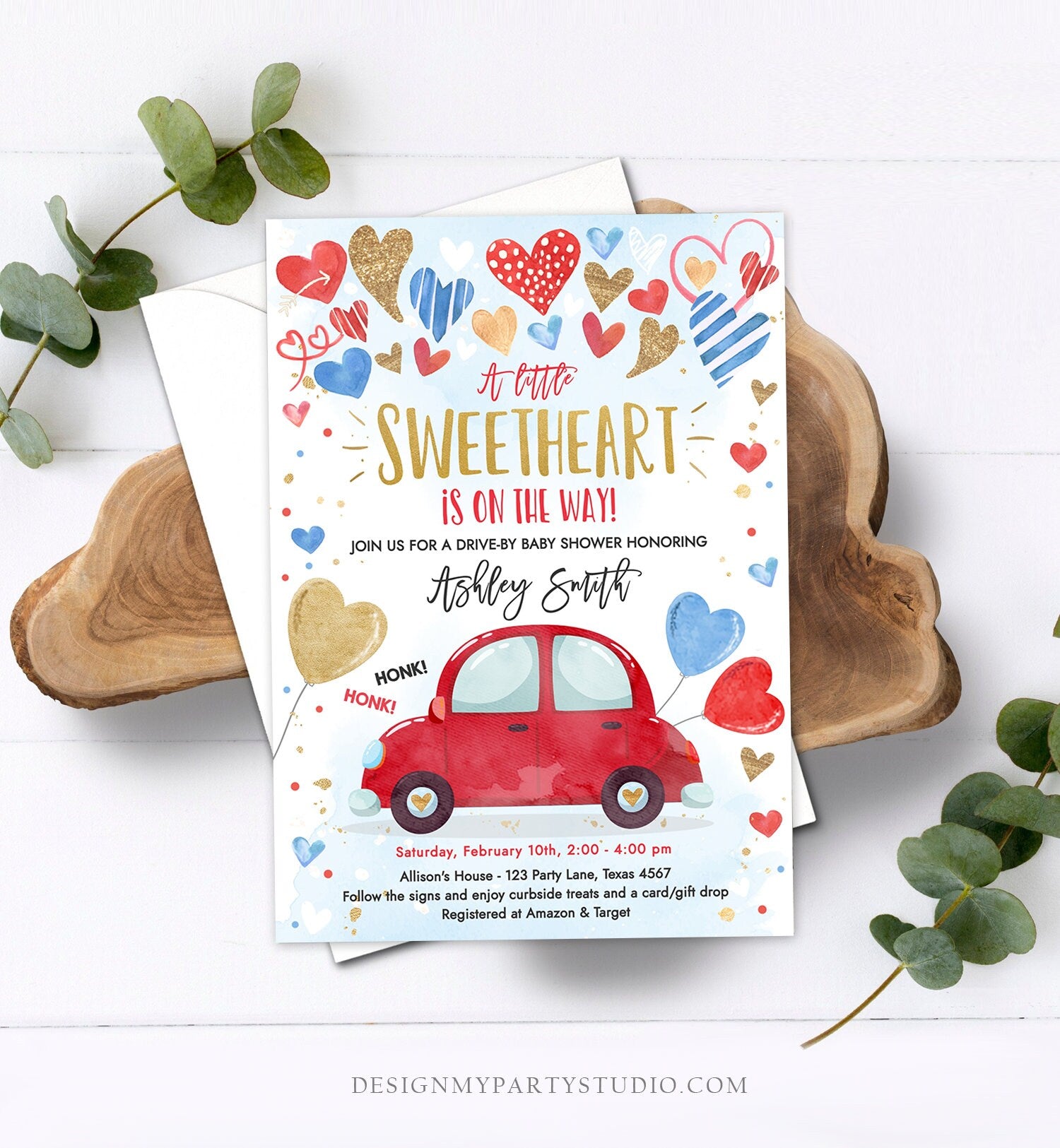 Editable Drive By Sweetheart Baby Shower Invitation Valentine Blue Gold Hearts Drive Through Red Heart Car Corjl Template Printable 0371