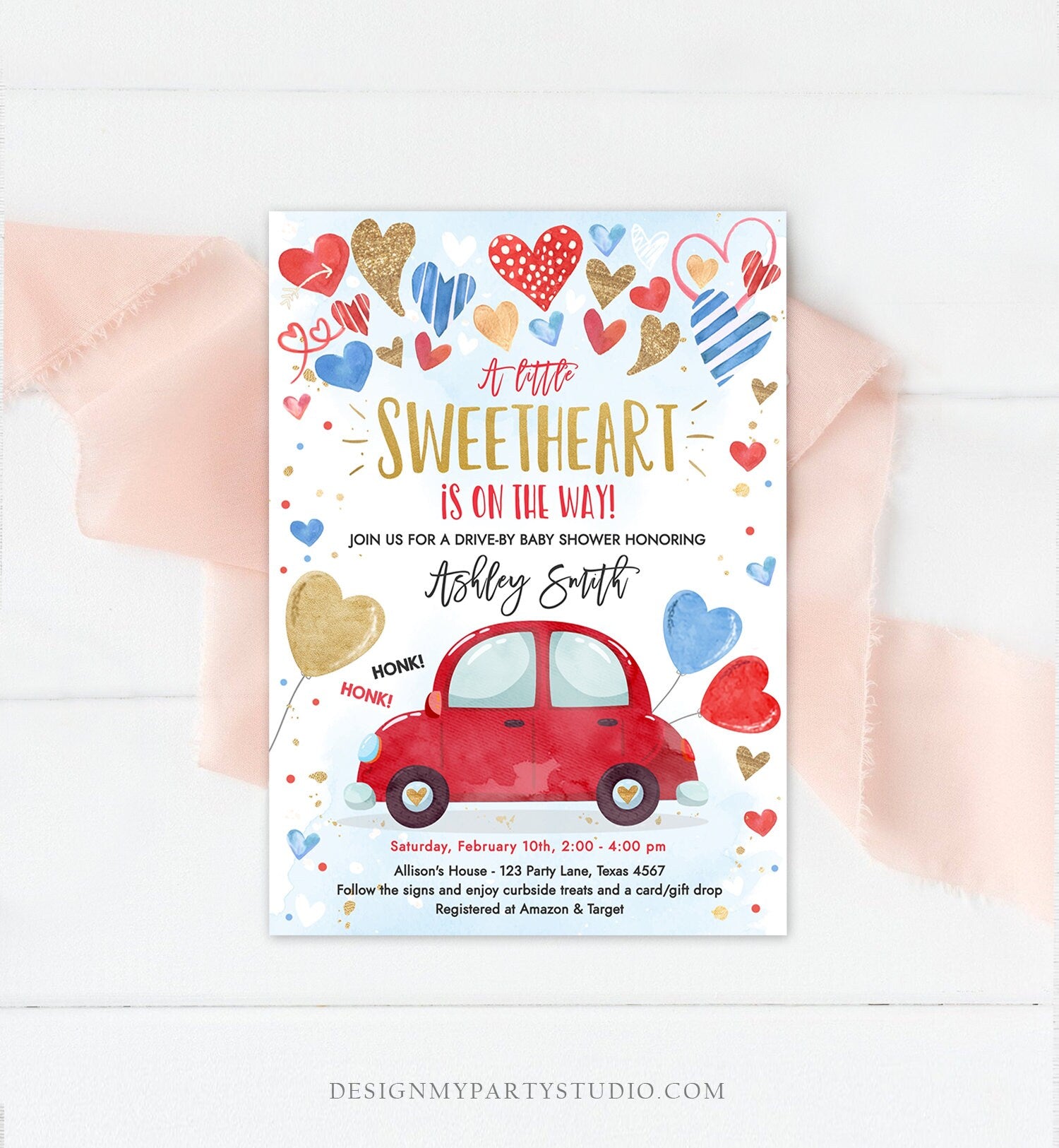 Editable Drive By Sweetheart Baby Shower Invitation Valentine Blue Gold Hearts Drive Through Red Heart Car Corjl Template Printable 0371