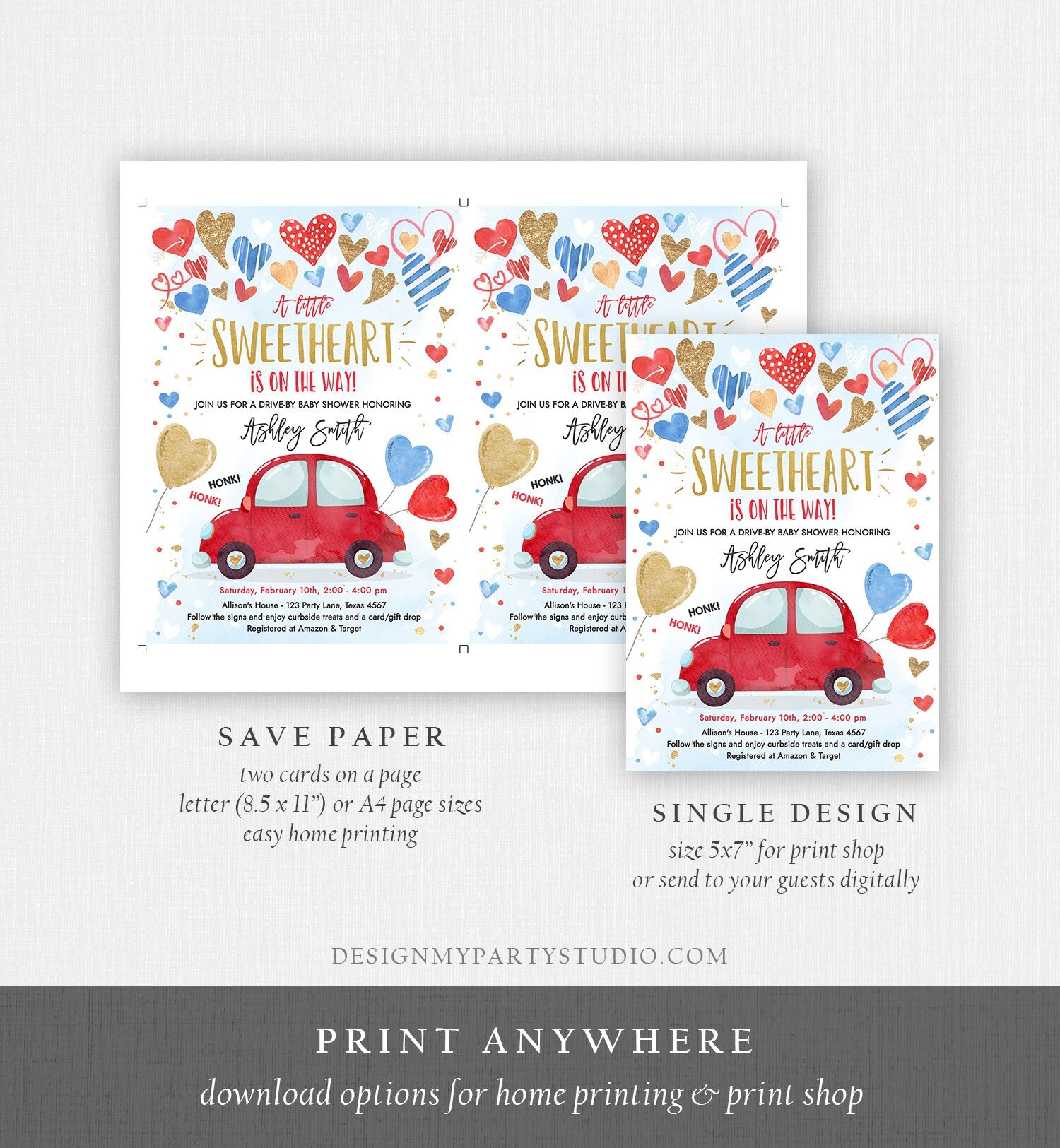 Editable Drive By Sweetheart Baby Shower Invitation Valentine Blue Gold Hearts Drive Through Red Heart Car Corjl Template Printable 0371