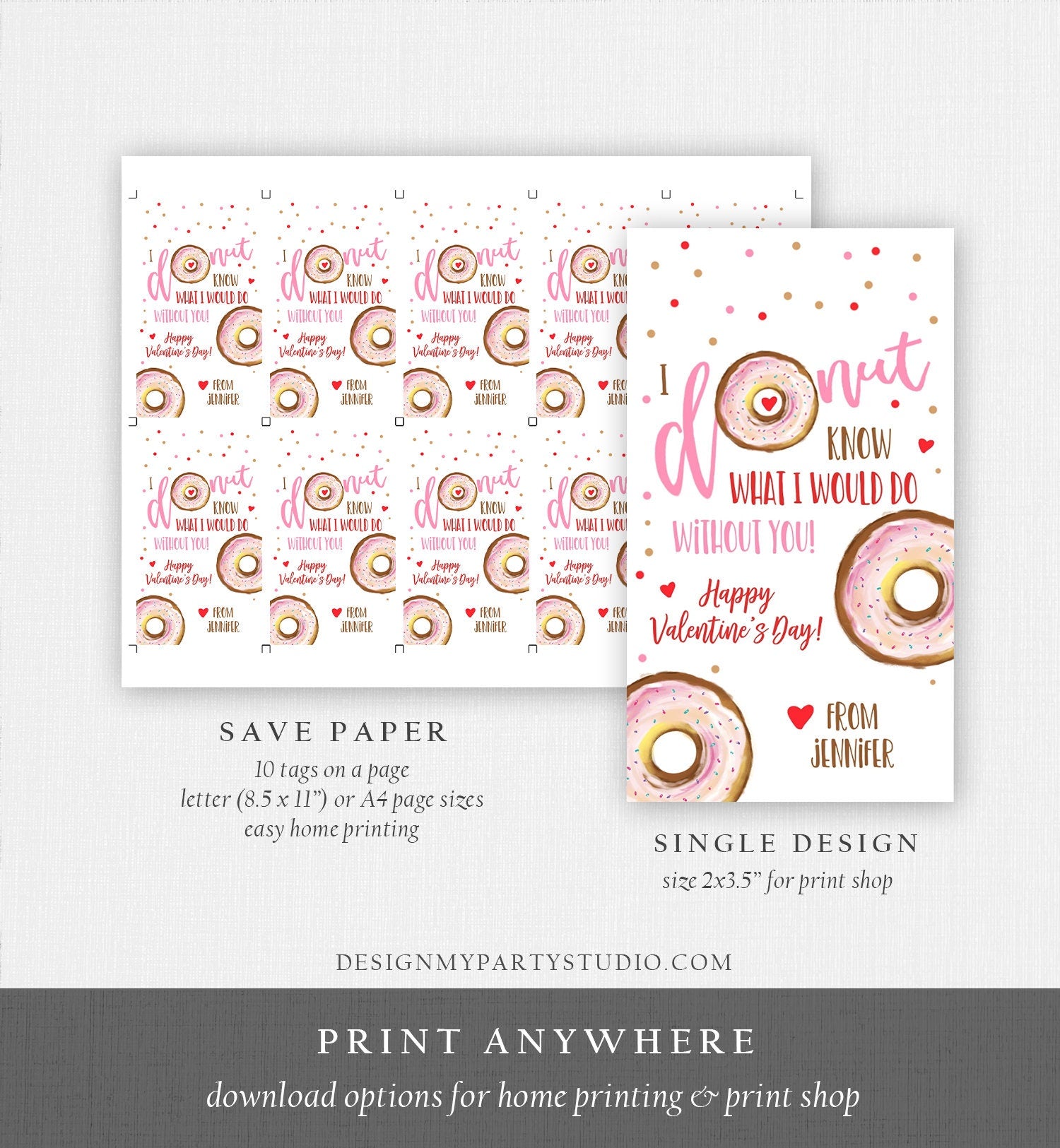 Editable Donut Valentine Tag Valentine's Day Card for Kids School Donut Know Classroom Cookie Tag Printable Personalized PRINTABLE 0368 0370