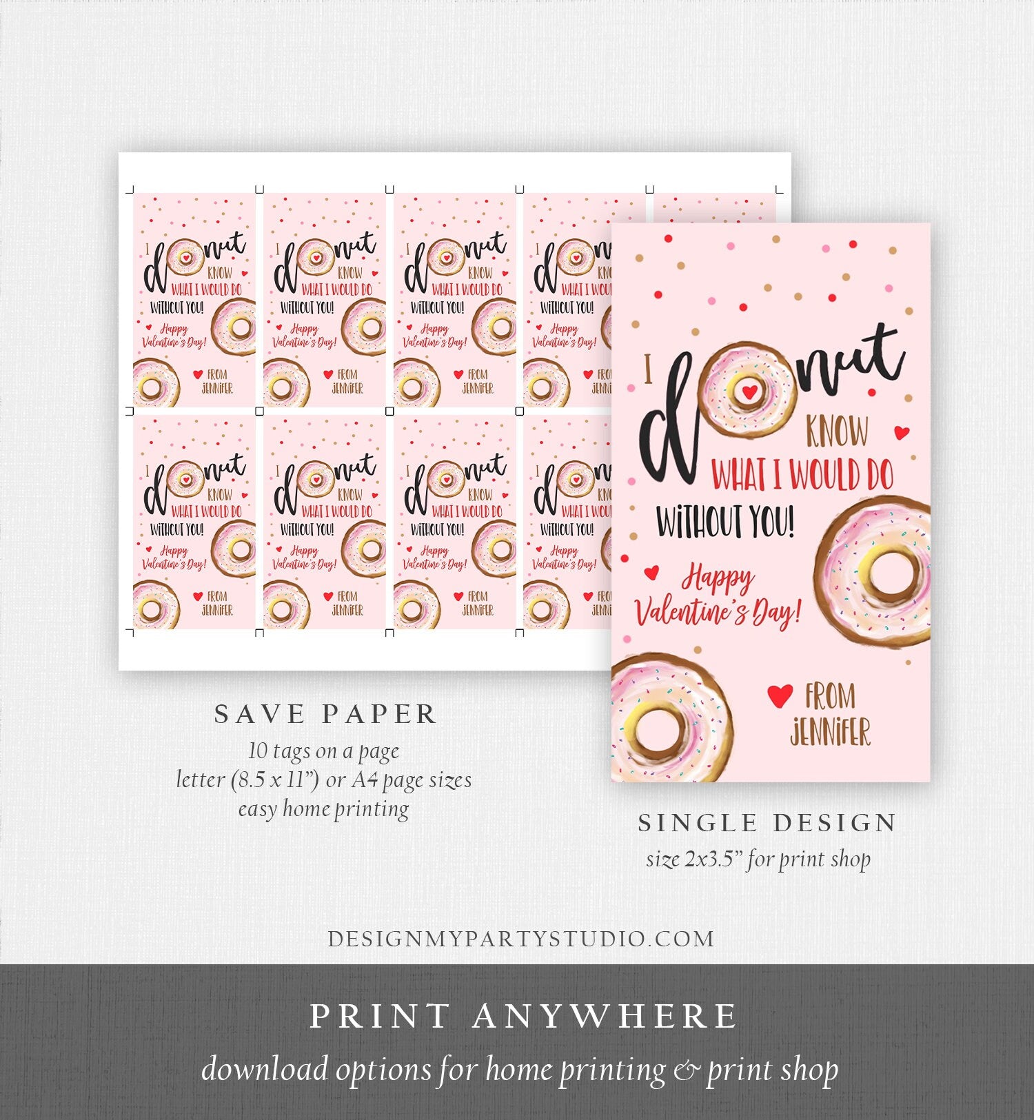 Editable Donut Valentine Tag Valentine's Day Card for Kids School Donut Know Classroom Printable Personalized Digital PRINTABLE 0368 0370