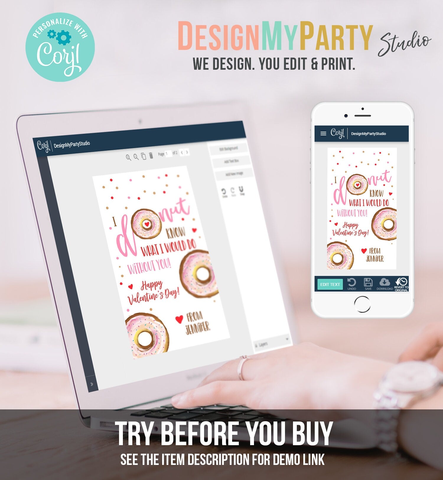 Editable Donut Valentine Tag Valentine's Day Card for Kids School Donut Know Class Cookie Tag set Printable Personalized PRINTABLE 0368 0370