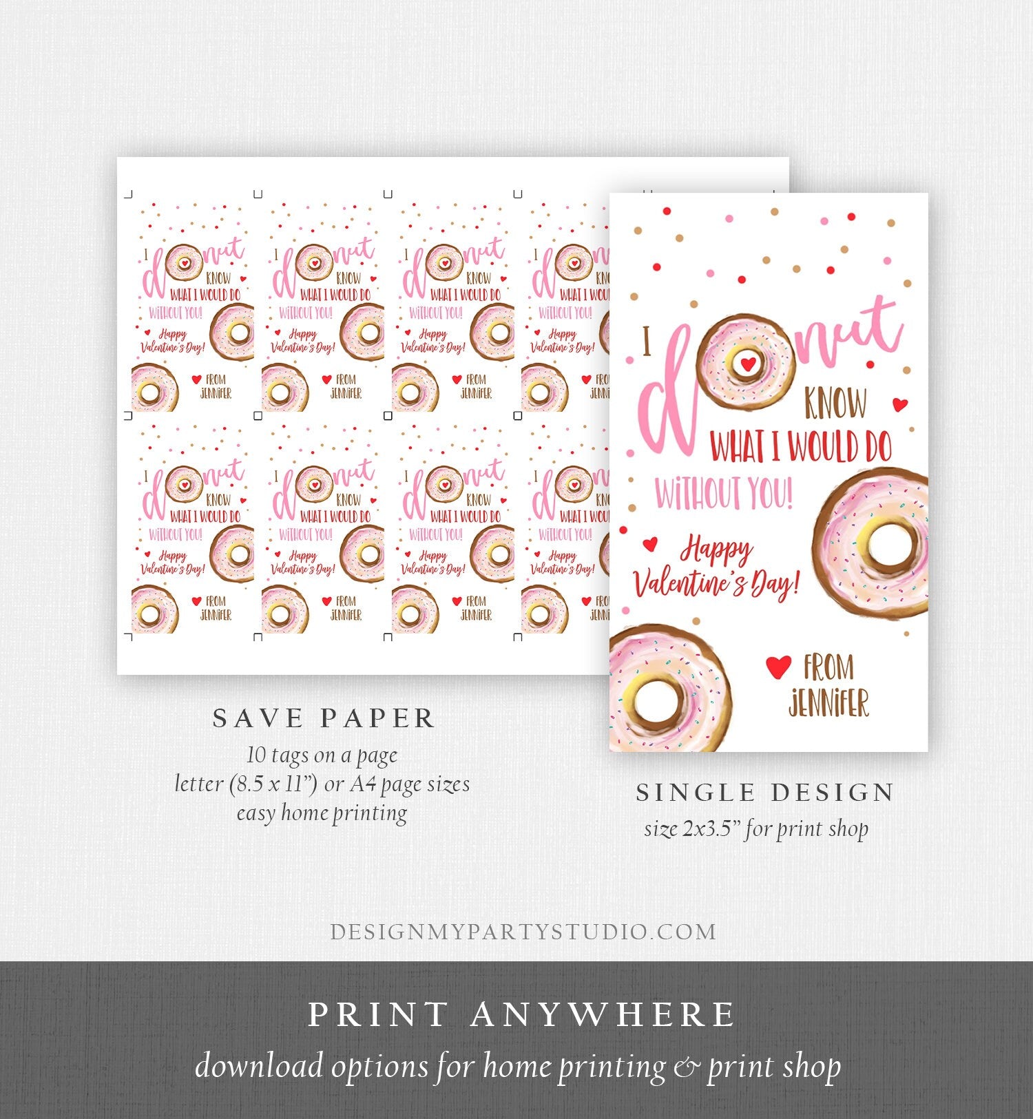 Editable Donut Valentine Tag Valentine's Day Card for Kids School Donut Know Class Cookie Tag set Printable Personalized PRINTABLE 0368 0370