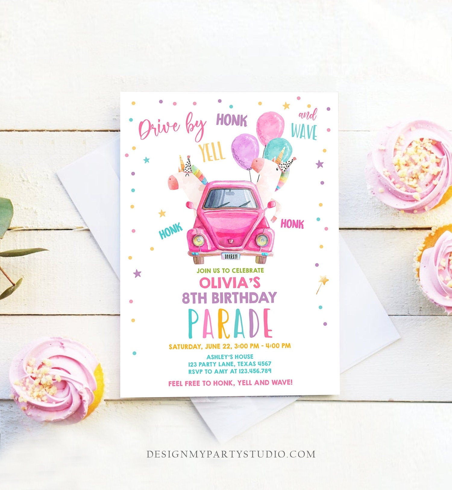 Editable Unicorn Drive By Birthday Parade Invitation Virtual Party Invite Honk Wave Car Girl Pink Quarantine Download Digital Corjl 0336