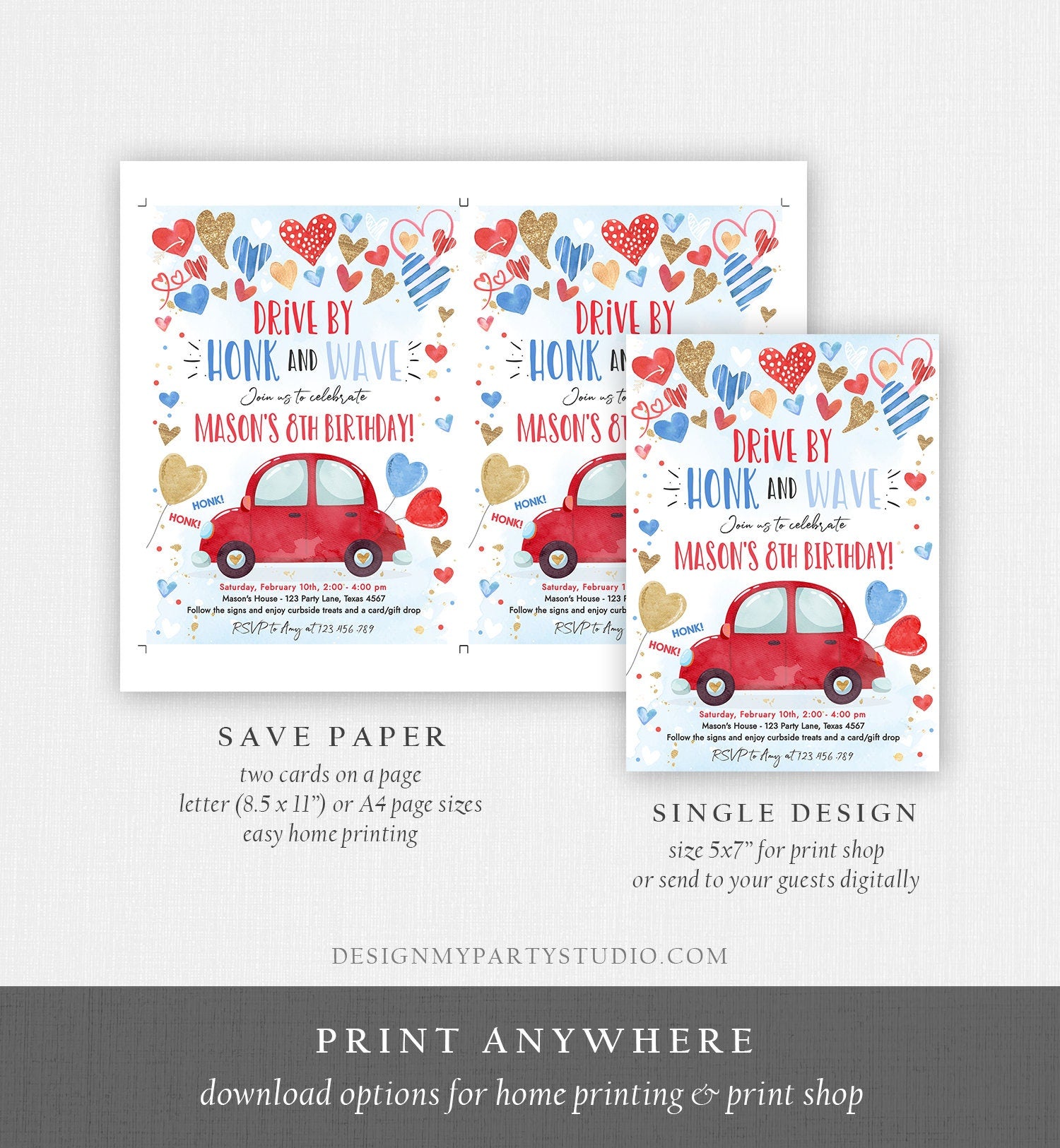 Editable Drive By Birthday Invitation Valentine Sweetheart Blue Gold Hearts Drive Through Red Heart Car Corjl Template Printable 0371