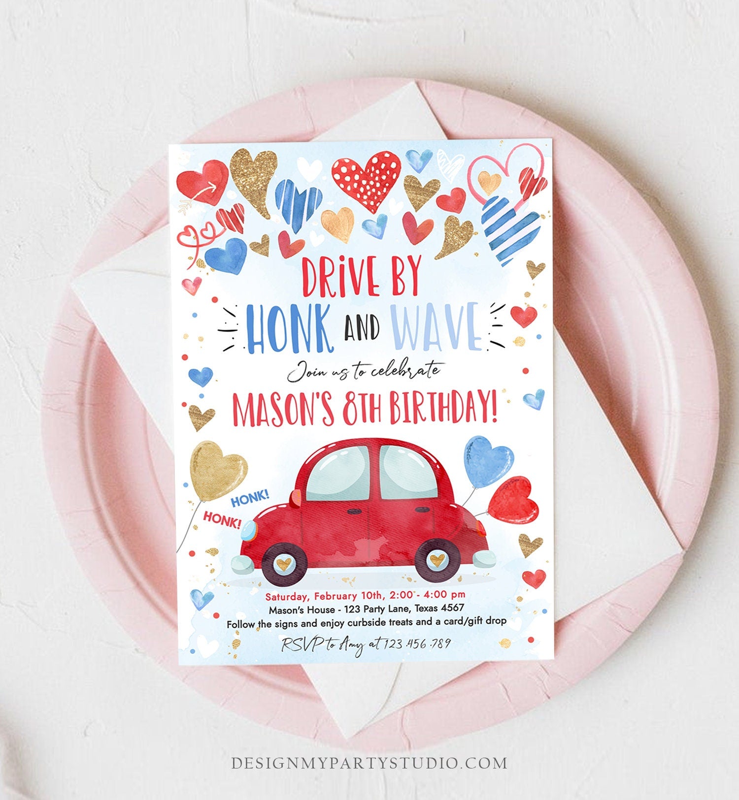 Editable Drive By Birthday Invitation Valentine Sweetheart Blue Gold Hearts Drive Through Red Heart Car Corjl Template Printable 0371