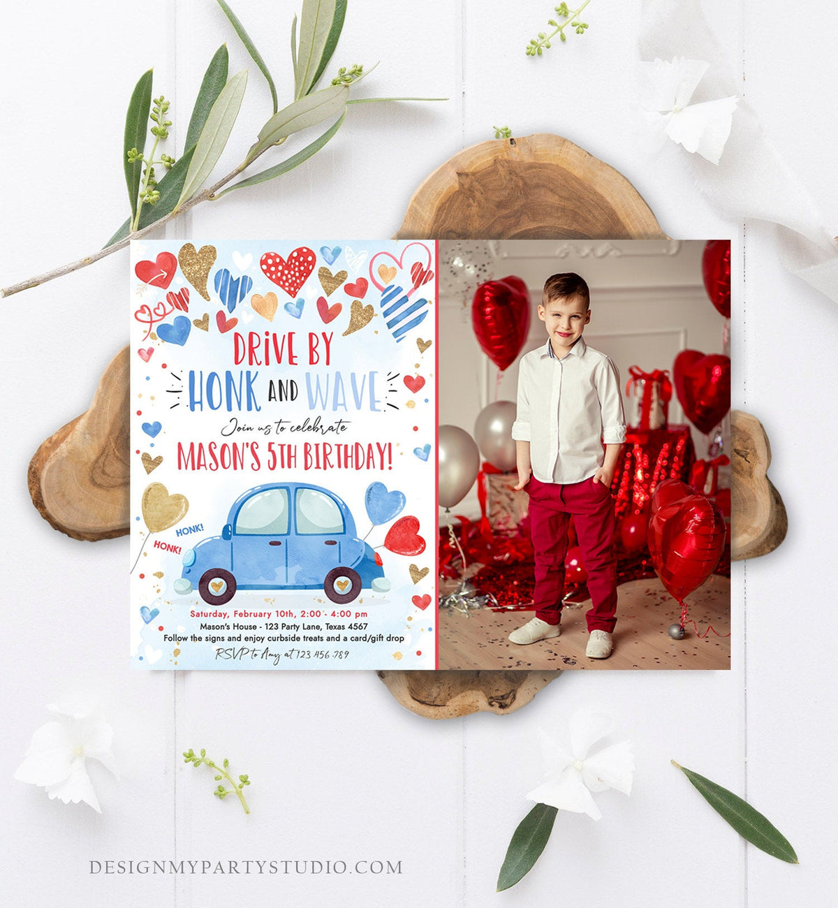 Editable Drive By Birthday Invitation Valentine Sweetheart Blue Gold Hearts Drive Through Red Heart Car Corjl Template Printable 0371