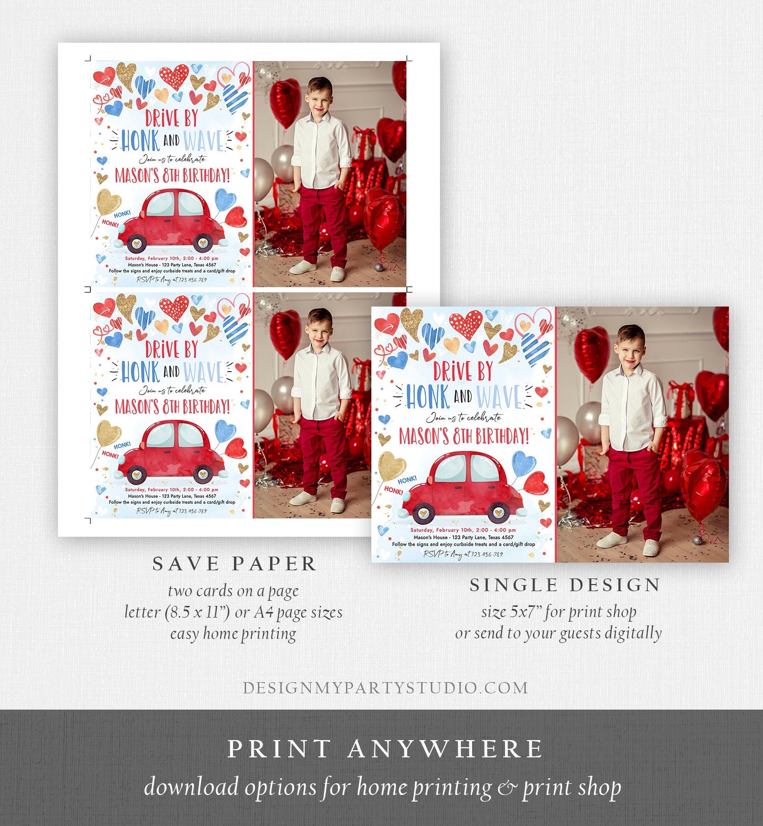 Editable Drive By Birthday Invitation Valentine Sweetheart Blue Gold Hearts Drive Through Red Heart Car Corjl Template Printable 0371