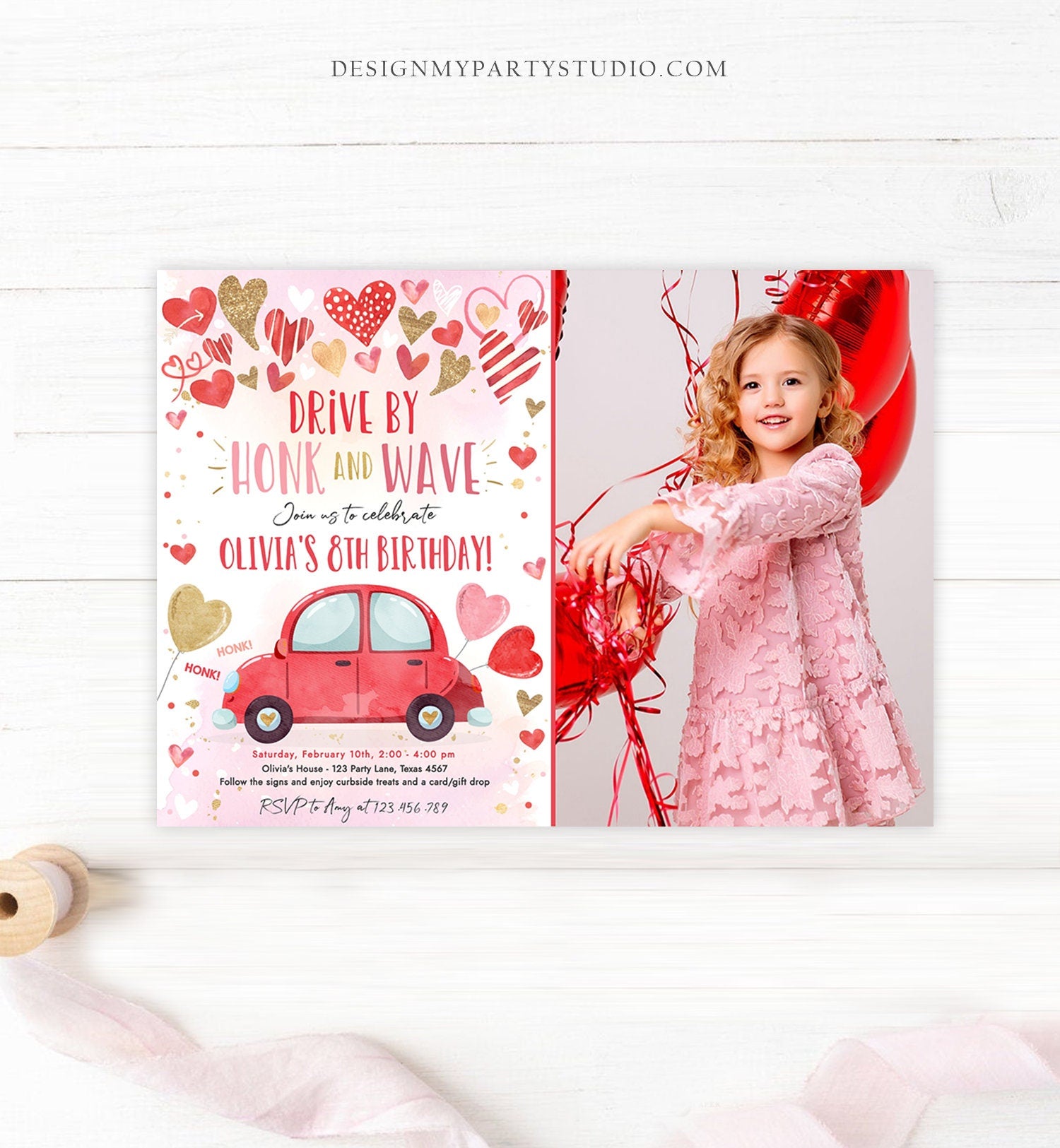 Editable Drive By Birthday Invitation Valentine Sweetheart Pink Gold Hearts Drive Through Red Heart Car Corjl Template Printable 0371