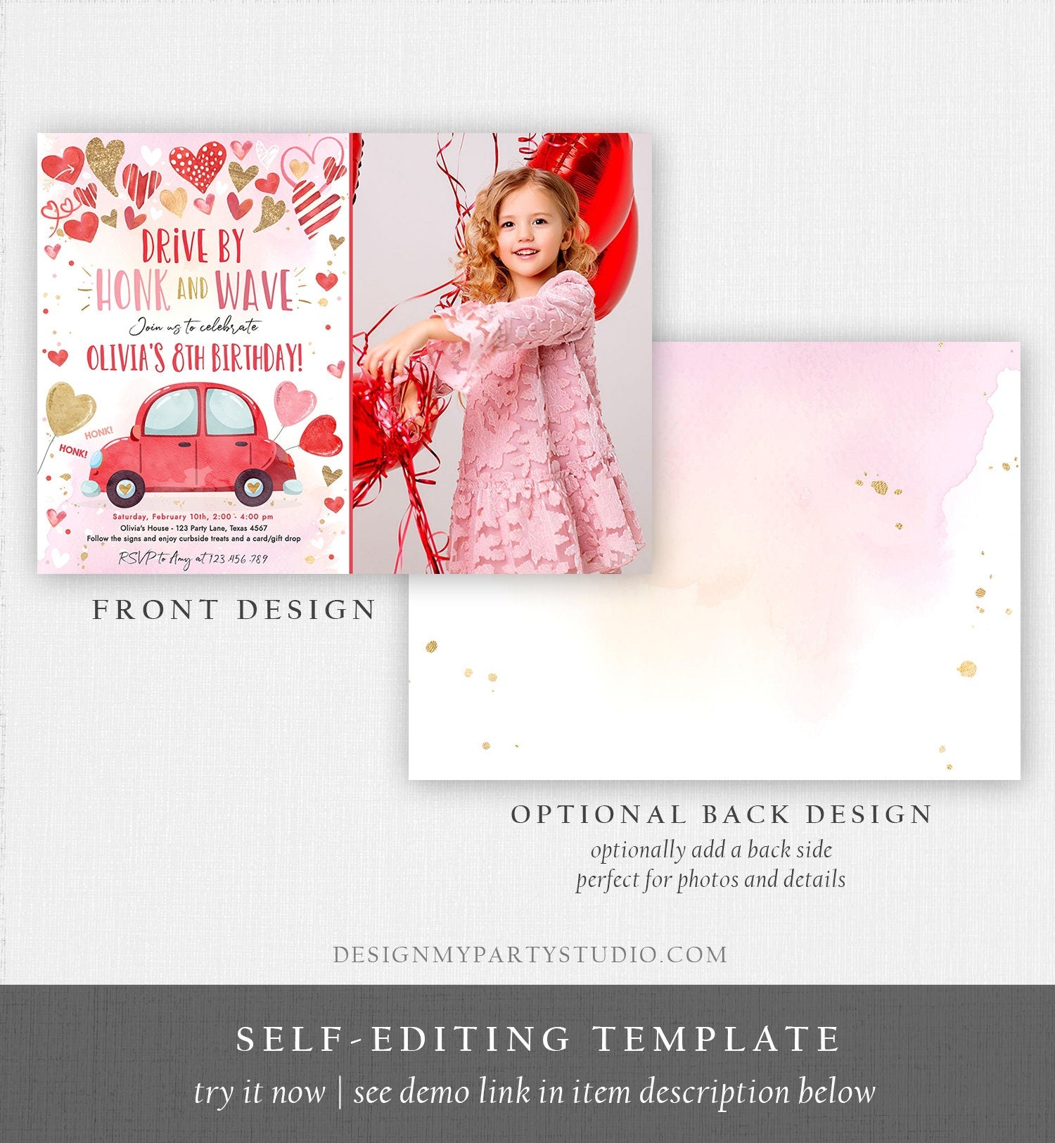 Editable Drive By Birthday Invitation Valentine Sweetheart Pink Gold Hearts Drive Through Red Heart Car Corjl Template Printable 0371