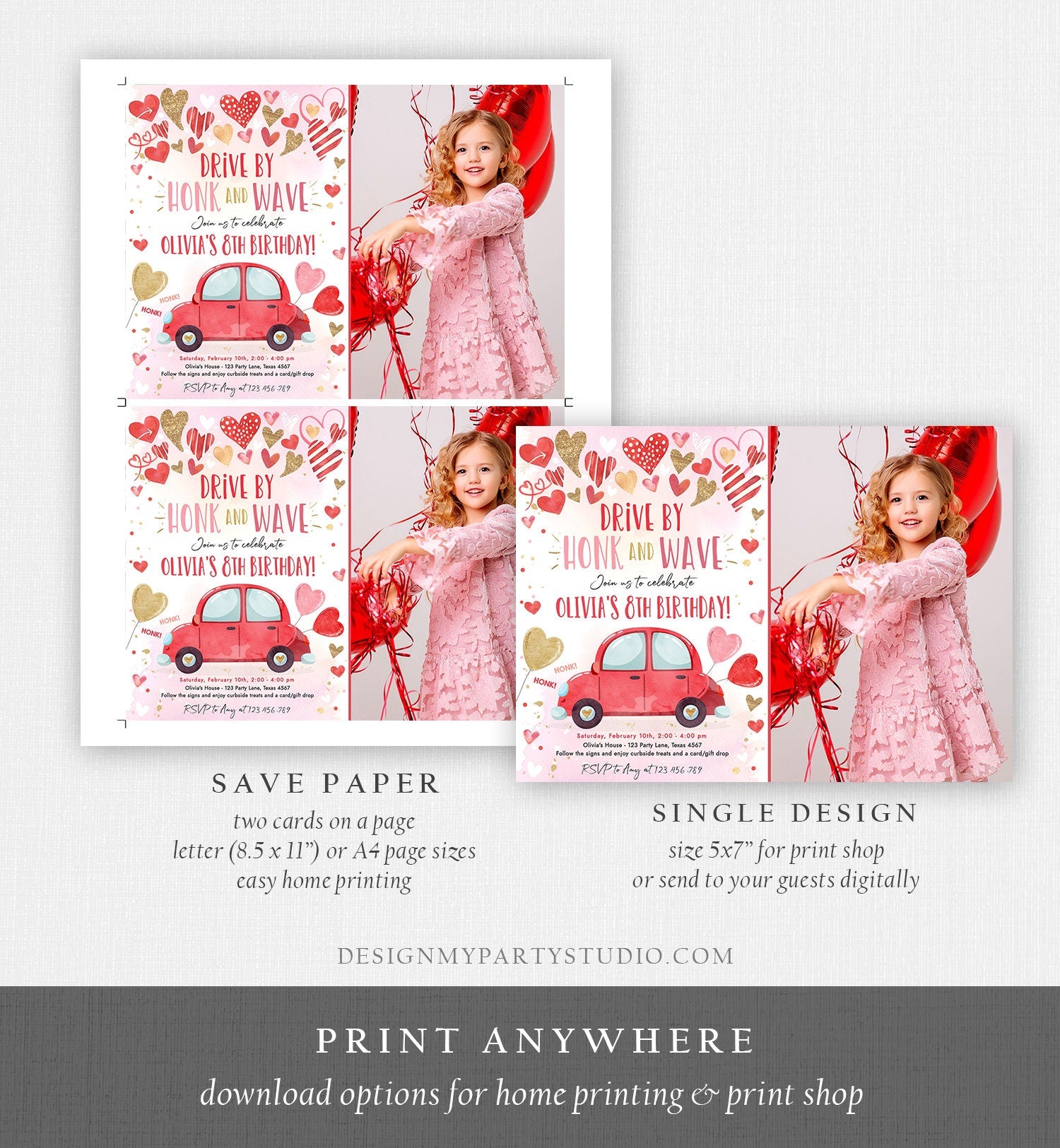 Editable Drive By Birthday Invitation Valentine Sweetheart Pink Gold Hearts Drive Through Red Heart Car Corjl Template Printable 0371