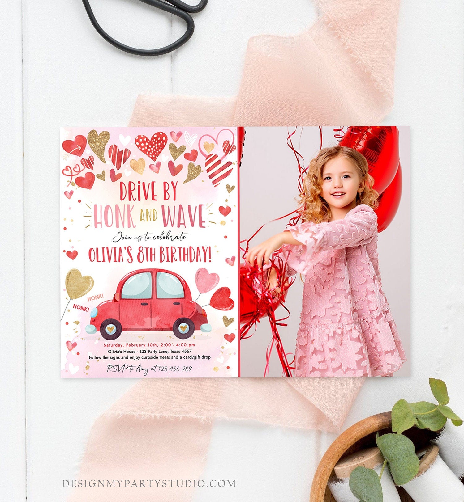 Editable Drive By Birthday Invitation Valentine Sweetheart Pink Gold Hearts Drive Through Red Heart Car Corjl Template Printable 0371