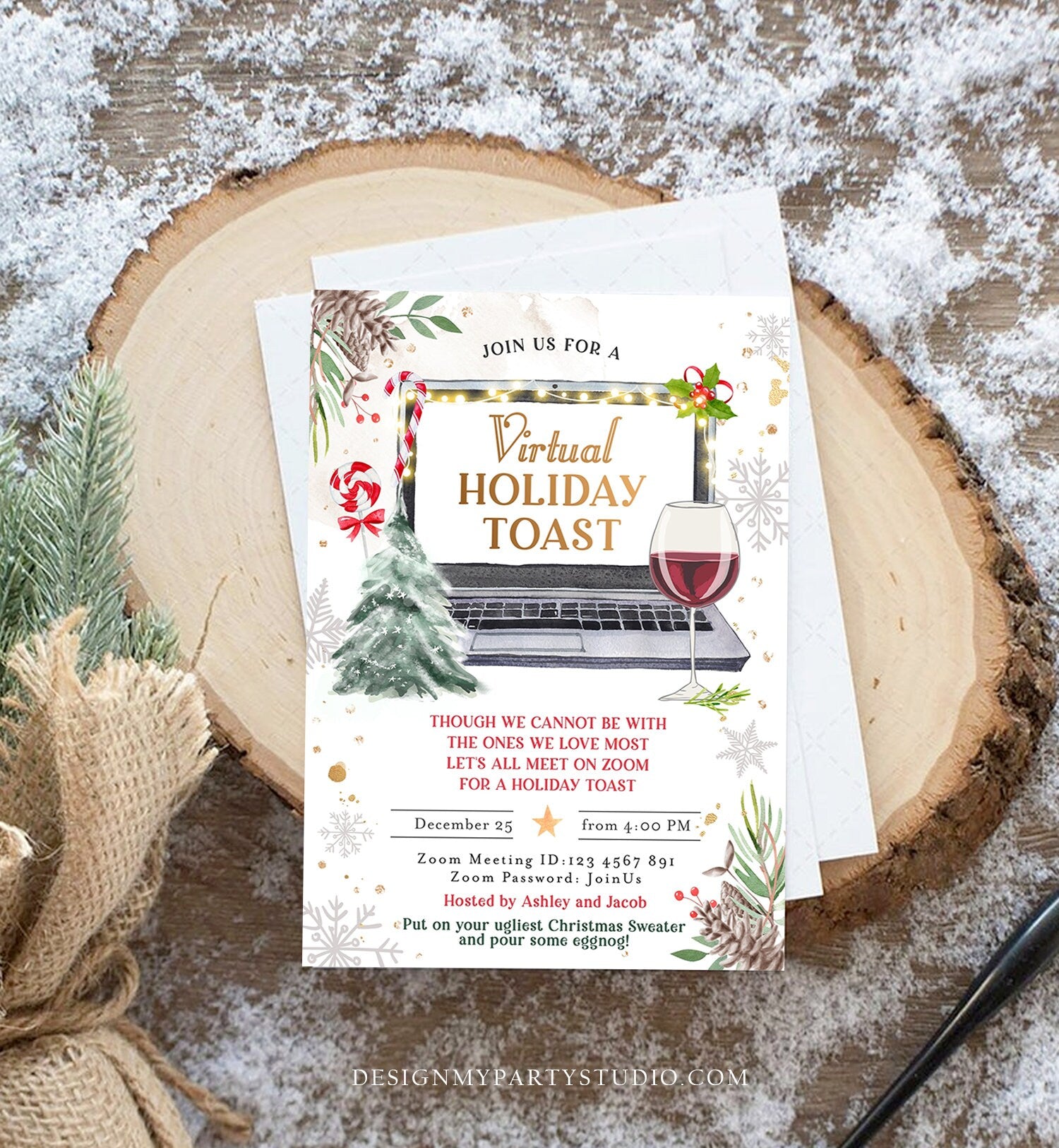 Editable Virtual Holiday Toast Invitation Christmas New Year Party Zoom Quarantine Social Distancing Laptop Printable Template Corjl 0356