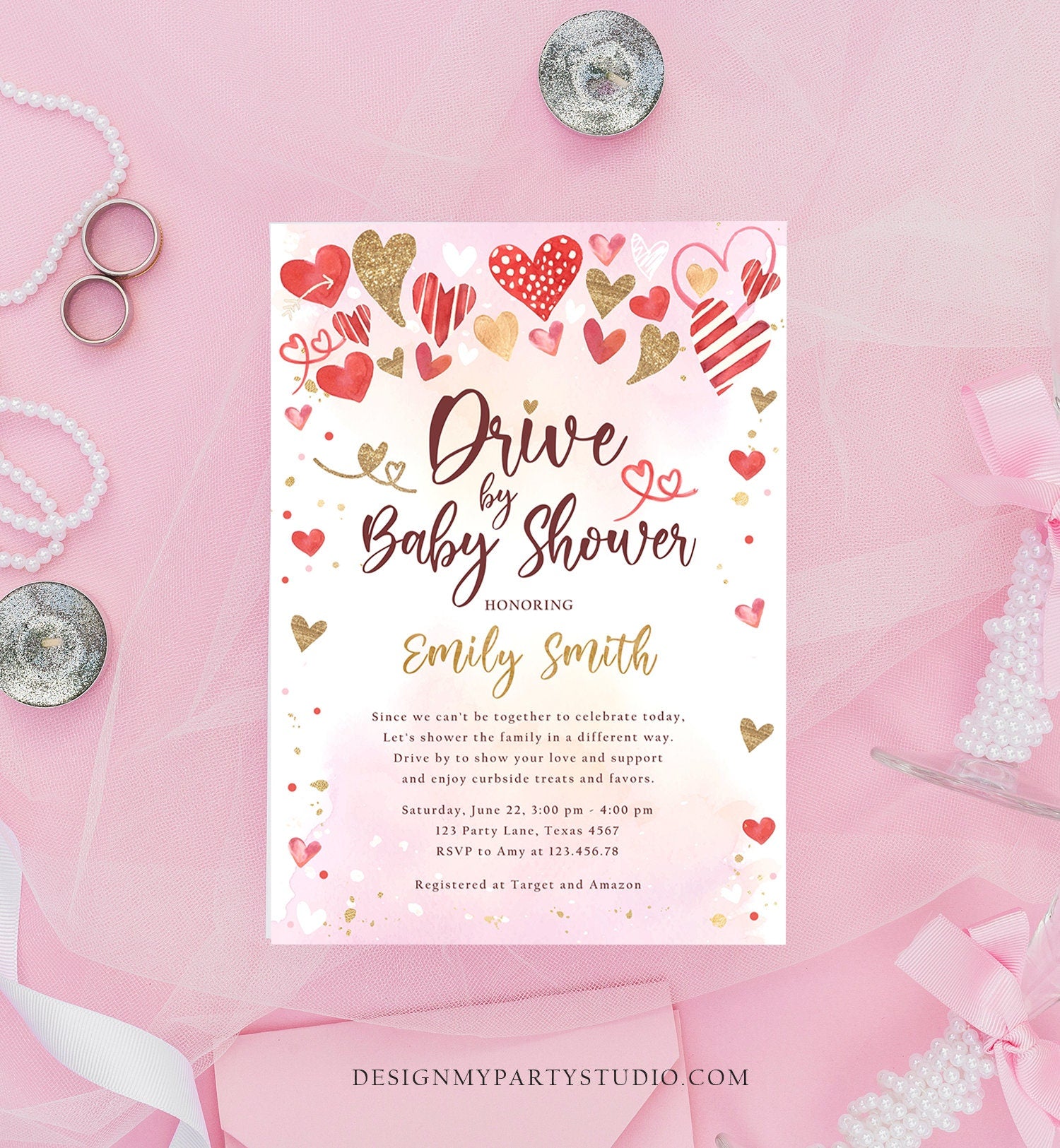 Editable Drive By Baby Shower Invitation Valentine Sweetheart Pink Red Gold Hearts Drive Through Showered Love Corjl Template Printable 0371