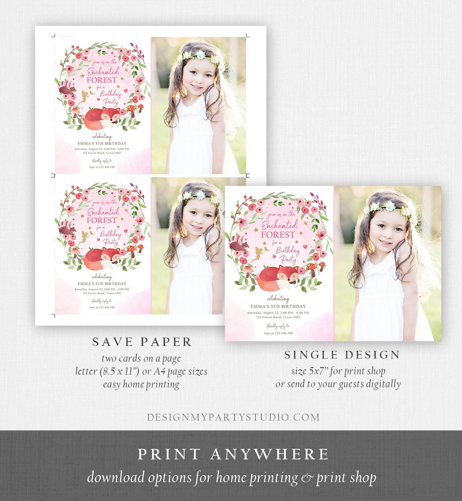 Editable Enchanted Forest Birthday Invitations Woodland Fairy Party Invite Girl Pink Fairies Toadstool Printable Template Digital Corjl 0173