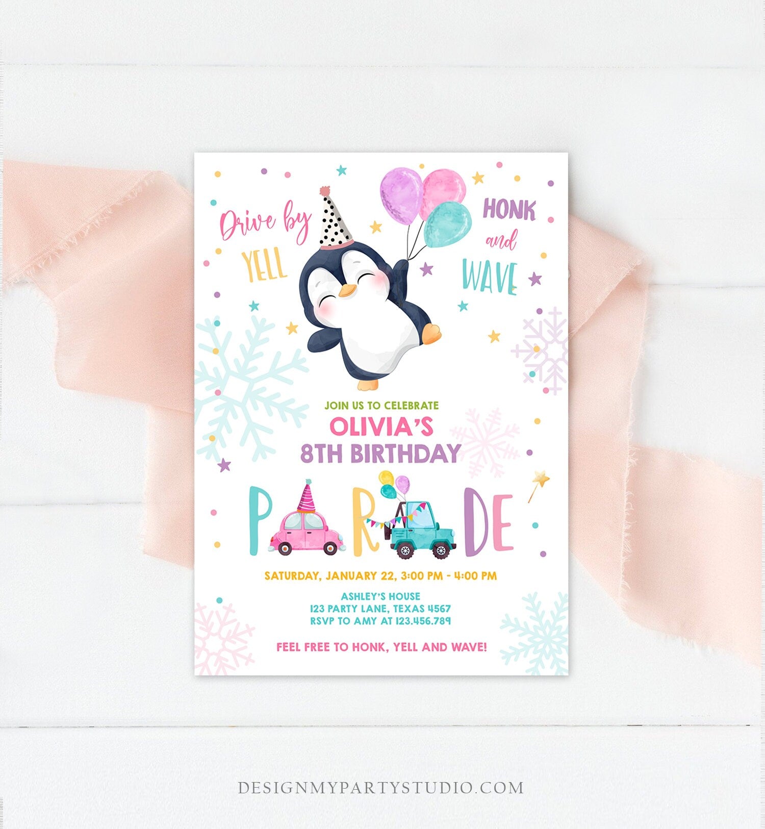 Editable Penguin Drive By Birthday Parade Invitation Winter Party Invite Honk Wave Car Girl Pink Drive Through South Pole Digital Corjl 0372