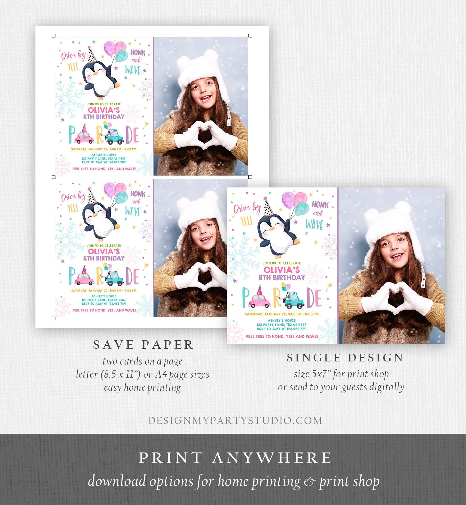 Editable Penguin Drive By Birthday Parade Invitation Winter Party Invite Honk Wave Car Girl Pink Drive Through South Pole Digital Corjl 0372