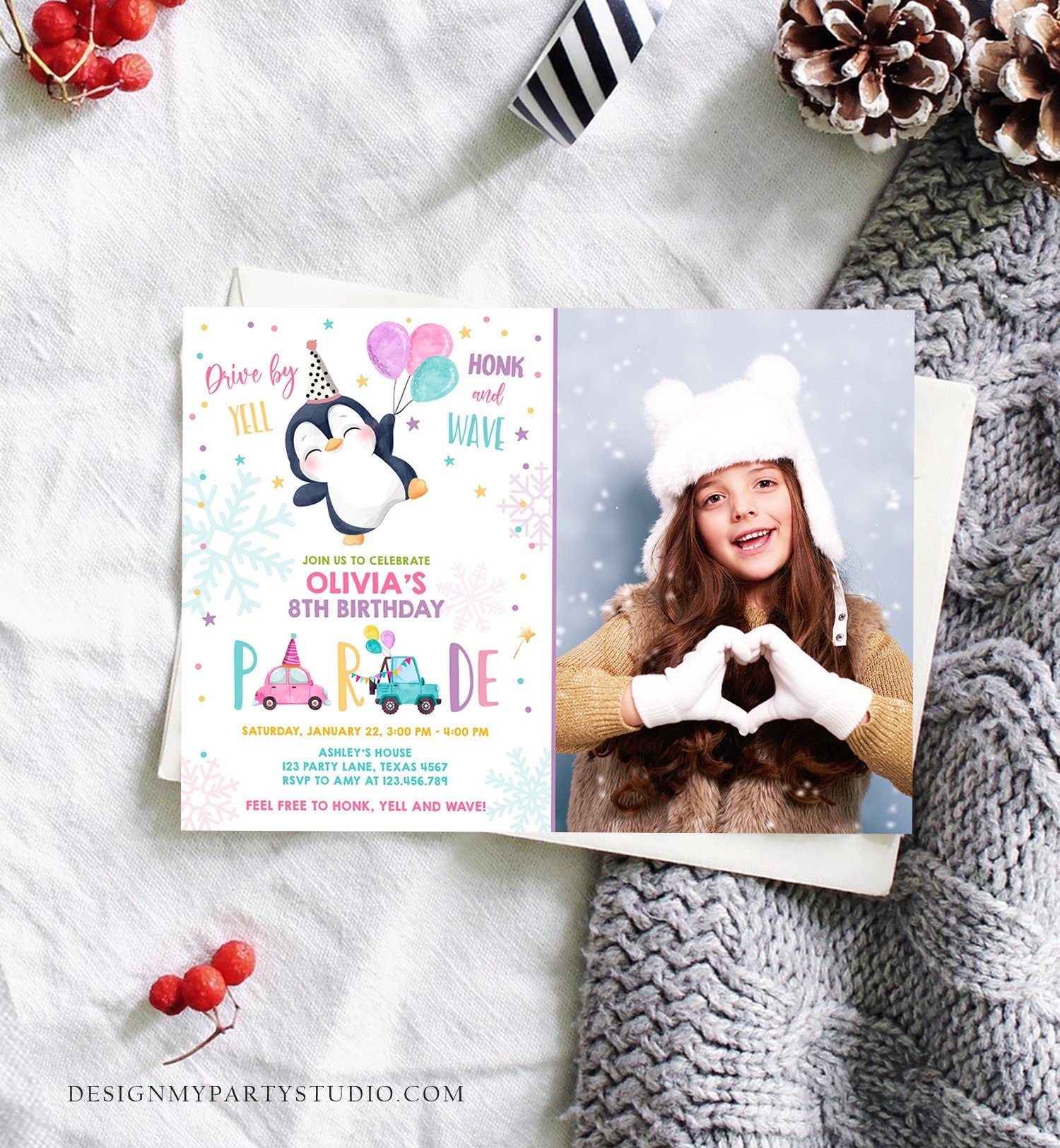 Editable Penguin Drive By Birthday Parade Invitation Winter Party Invite Honk Wave Car Girl Pink Drive Through South Pole Digital Corjl 0372