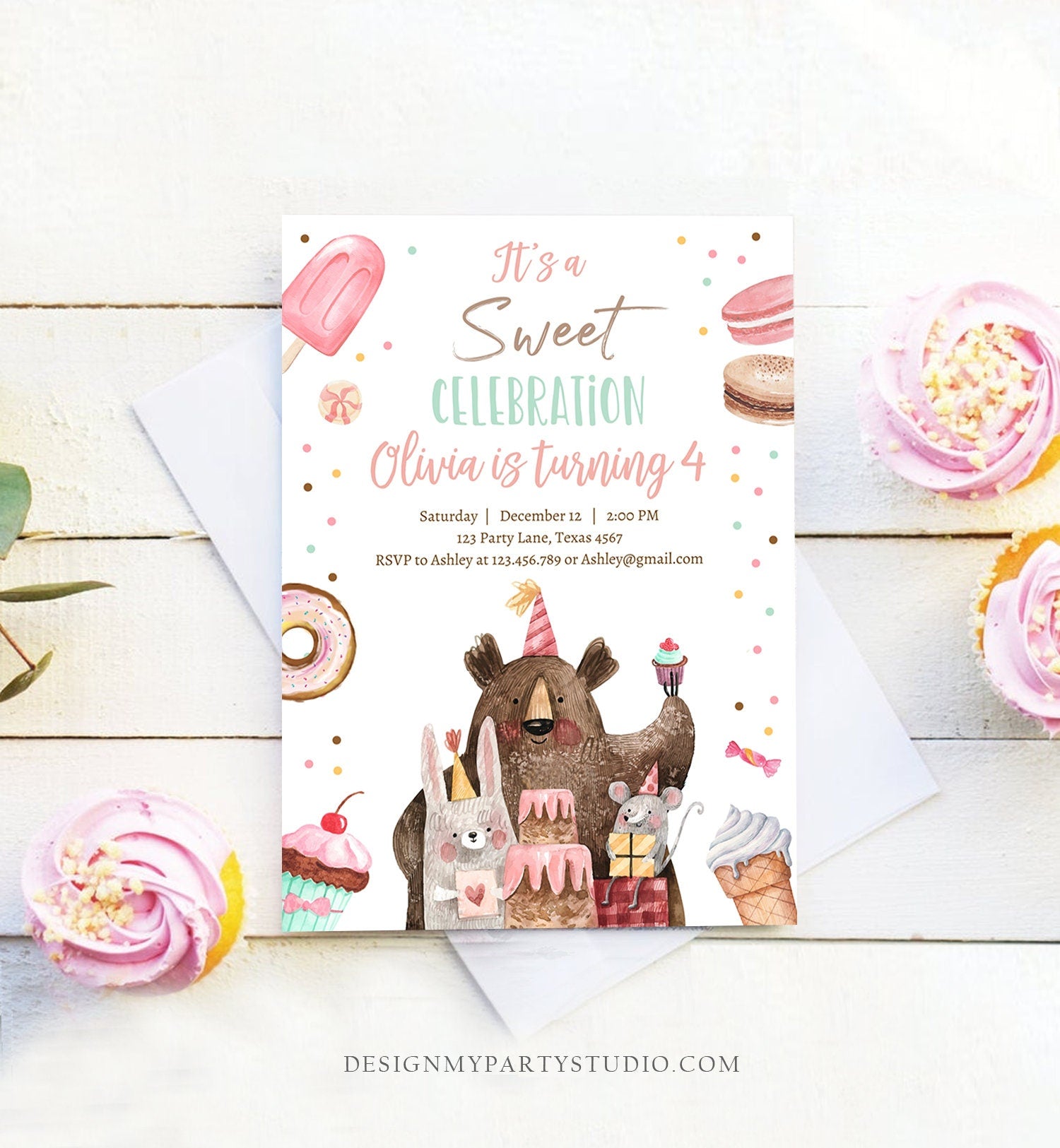 Editable Sweet Celebration Birthday Invitation Sweet One 1st Girl Donut Sweet Shoppe Animals Digital Download Printable Template Corjl 0373