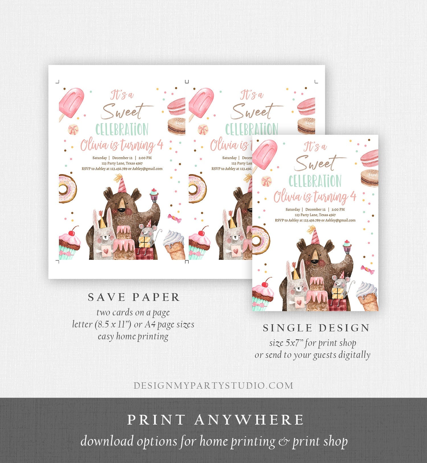 Editable Sweet Celebration Birthday Invitation Sweet One 1st Girl Donut Sweet Shoppe Animals Digital Download Printable Template Corjl 0373