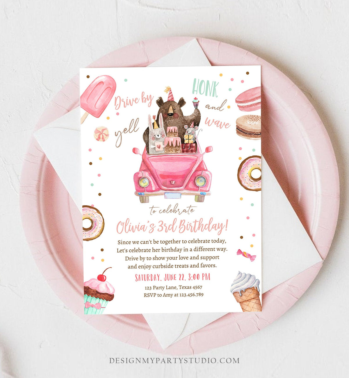 Editable Drive By Birthday Parade Invitation Virtual Party Invite Honk Wave Car Girl Pink Sweets Candy Instant Download Digital Corjl 0373