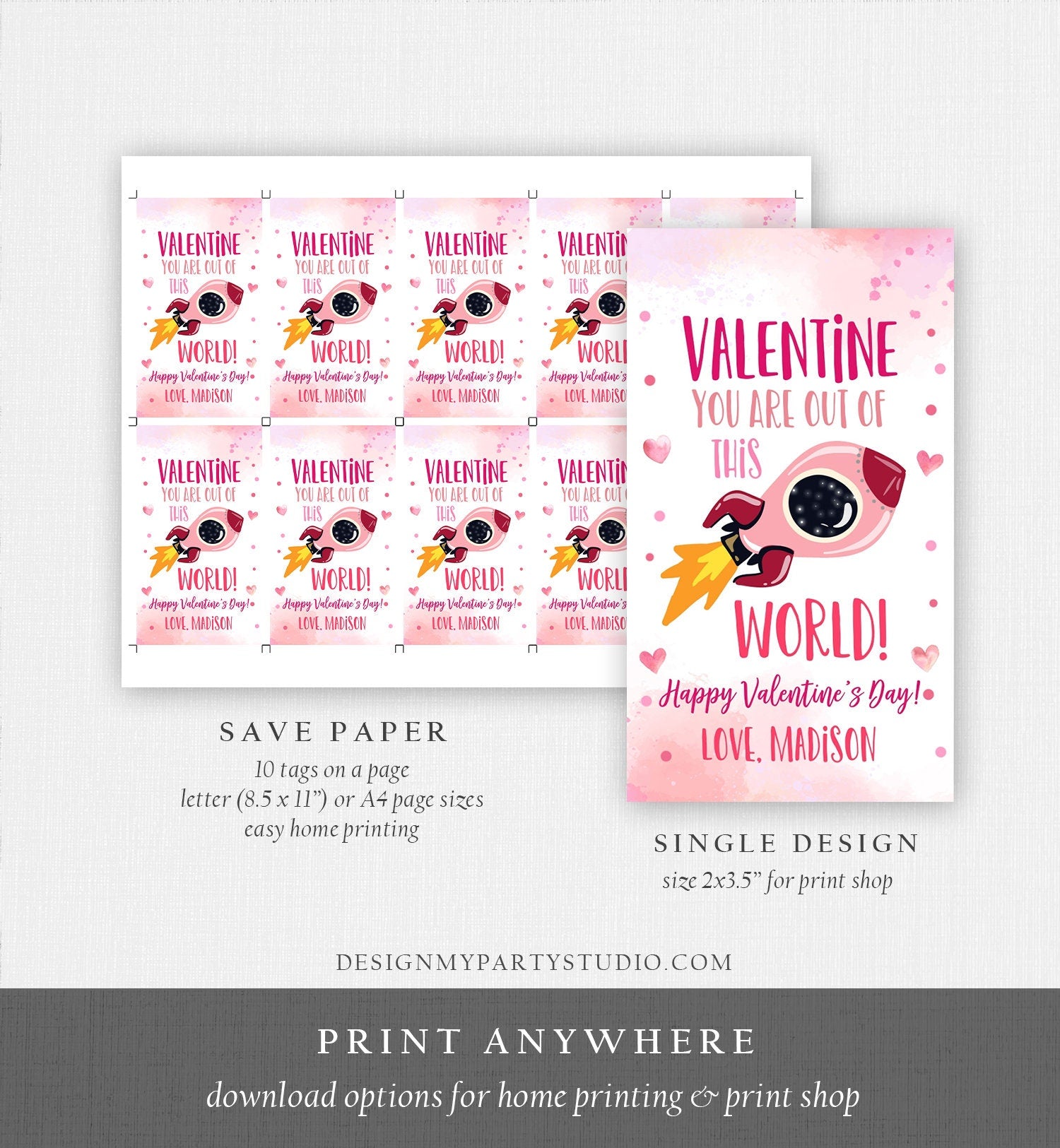 Editable Valentine You Are Out Of This World Favor Tag Thank You Space Rocket Ship Valentine's Day Tag School Non-Candy Printable 0370