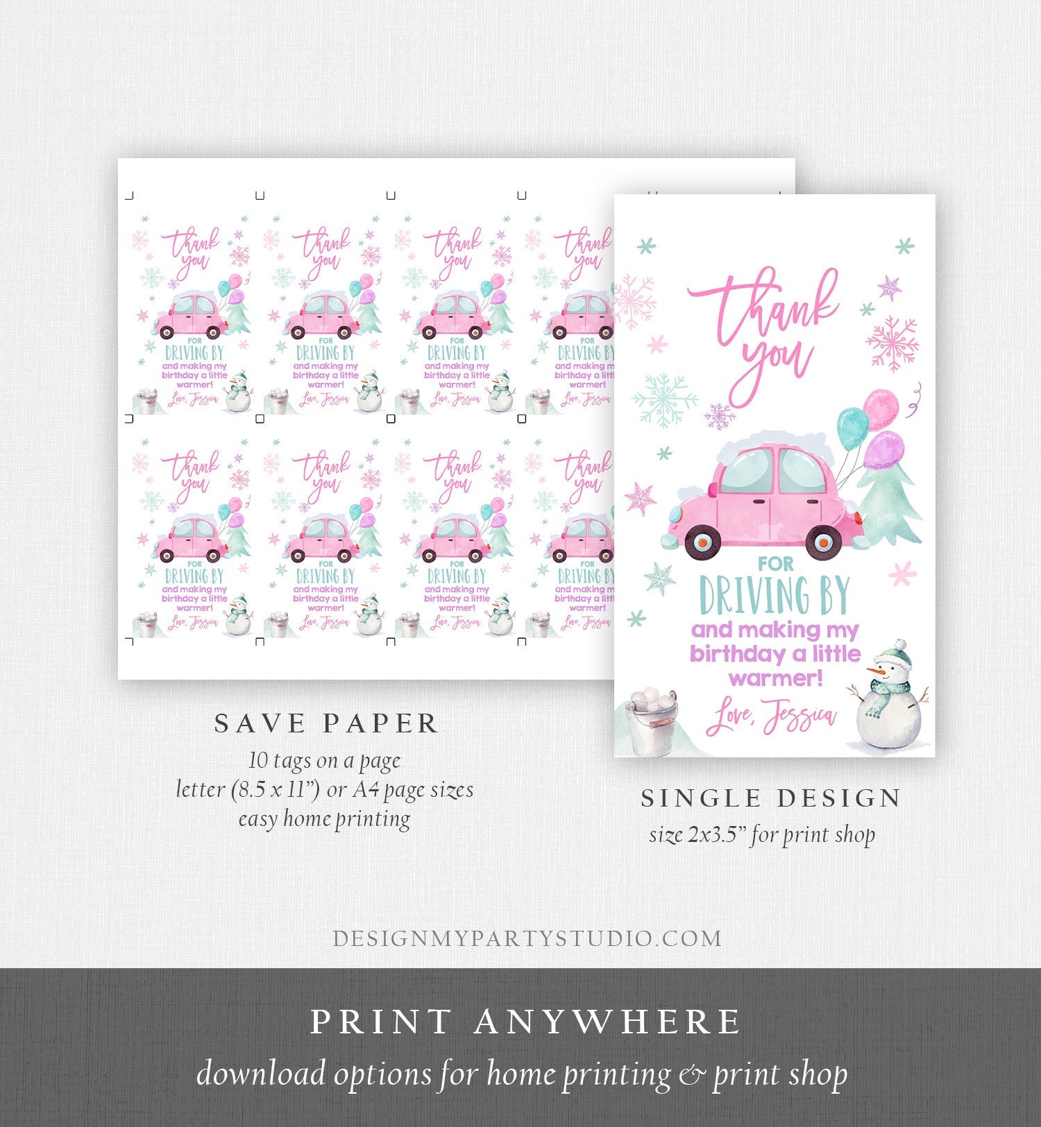 Editable Winter Drive By Favor Tag Drive By Birthday Party Parade Thank You Gift Tags Quarantine Pink Car Girl Corjl Template Printable 0333