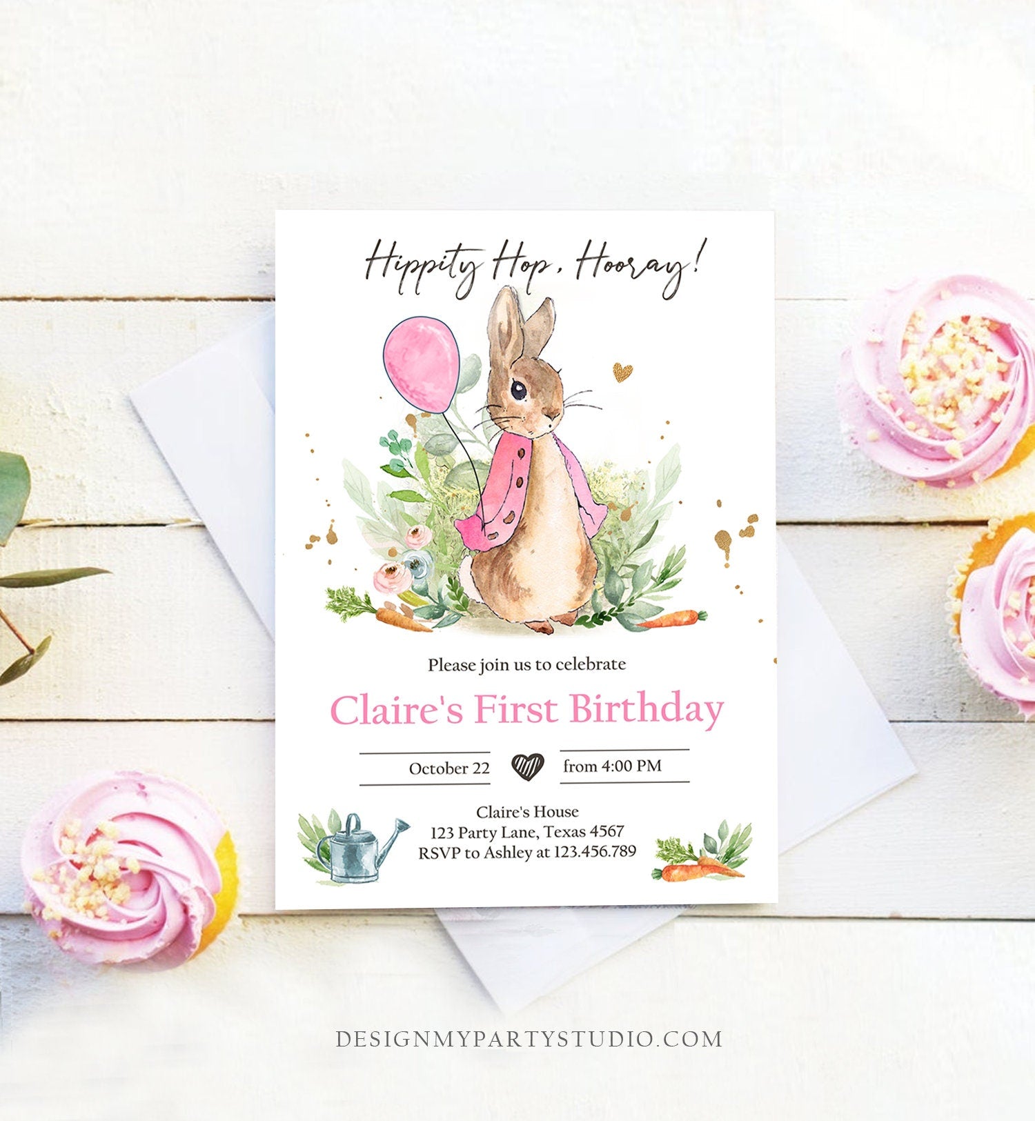 Editable Flopsy Bunny Birthday Invitation Gril Pink Rustic Peter Rabbit 1st Birthday Invite Watercolor Digital Corjl Template Printable 0351