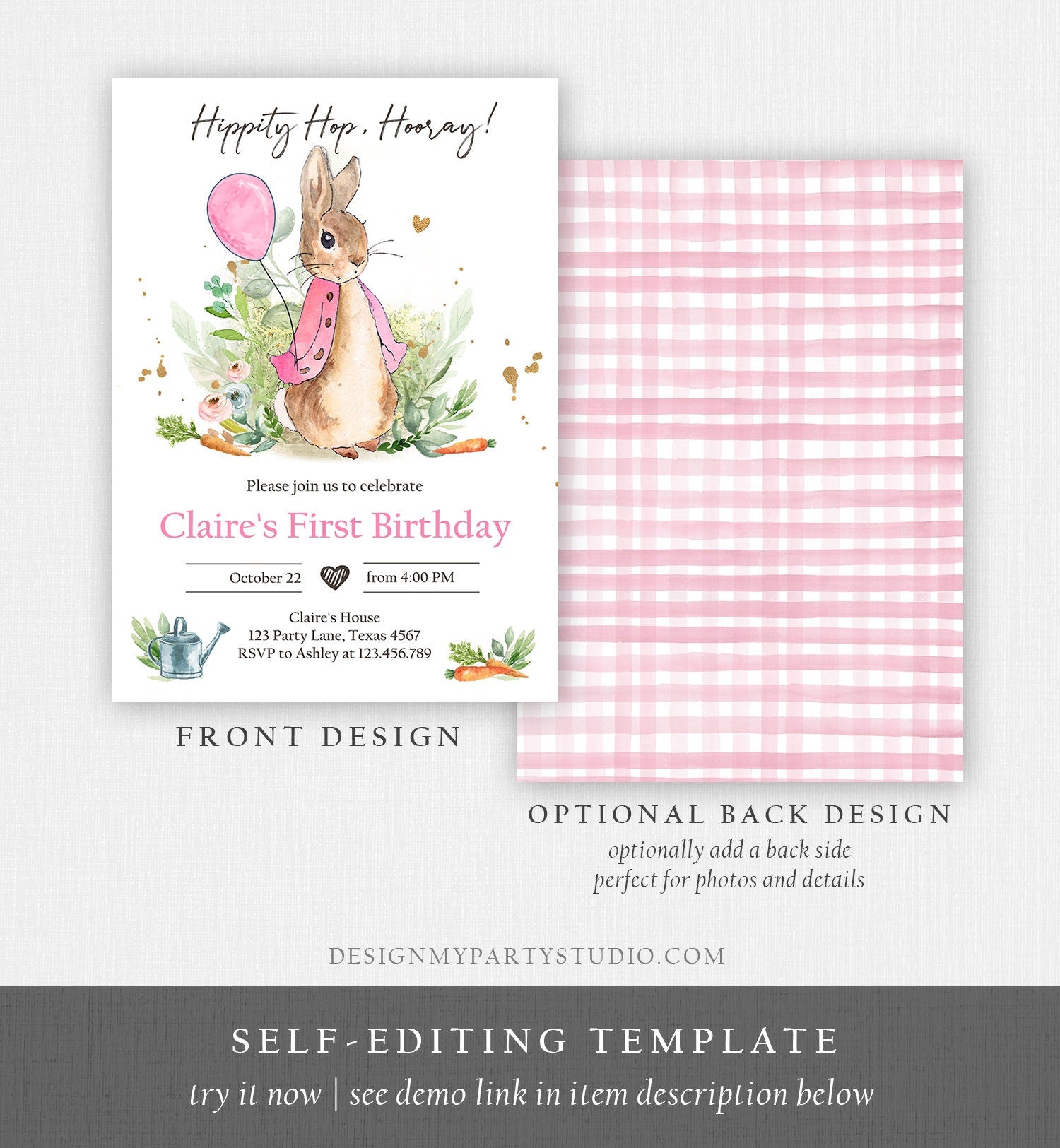 Editable Flopsy Bunny Birthday Invitation Gril Pink Rustic Peter Rabbit 1st Birthday Invite Watercolor Digital Corjl Template Printable 0351