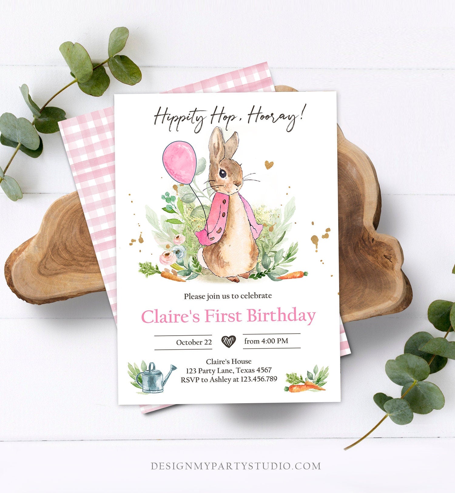 Editable Flopsy Bunny Birthday Invitation Gril Pink Rustic Peter Rabbit 1st Birthday Invite Watercolor Digital Corjl Template Printable 0351