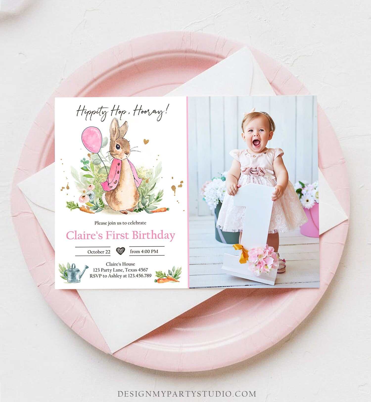 Editable Flopsy Bunny Birthday Invitation Gril Pink Rustic Peter Rabbit 1st Birthday Invite Watercolor Digital Corjl Template Printable 0351