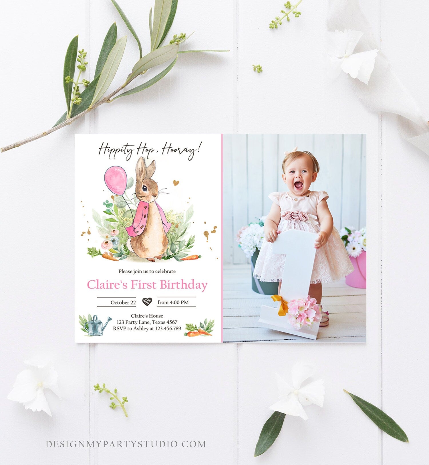 Editable Flopsy Bunny Birthday Invitation Gril Pink Rustic Peter Rabbit 1st Birthday Invite Watercolor Digital Corjl Template Printable 0351