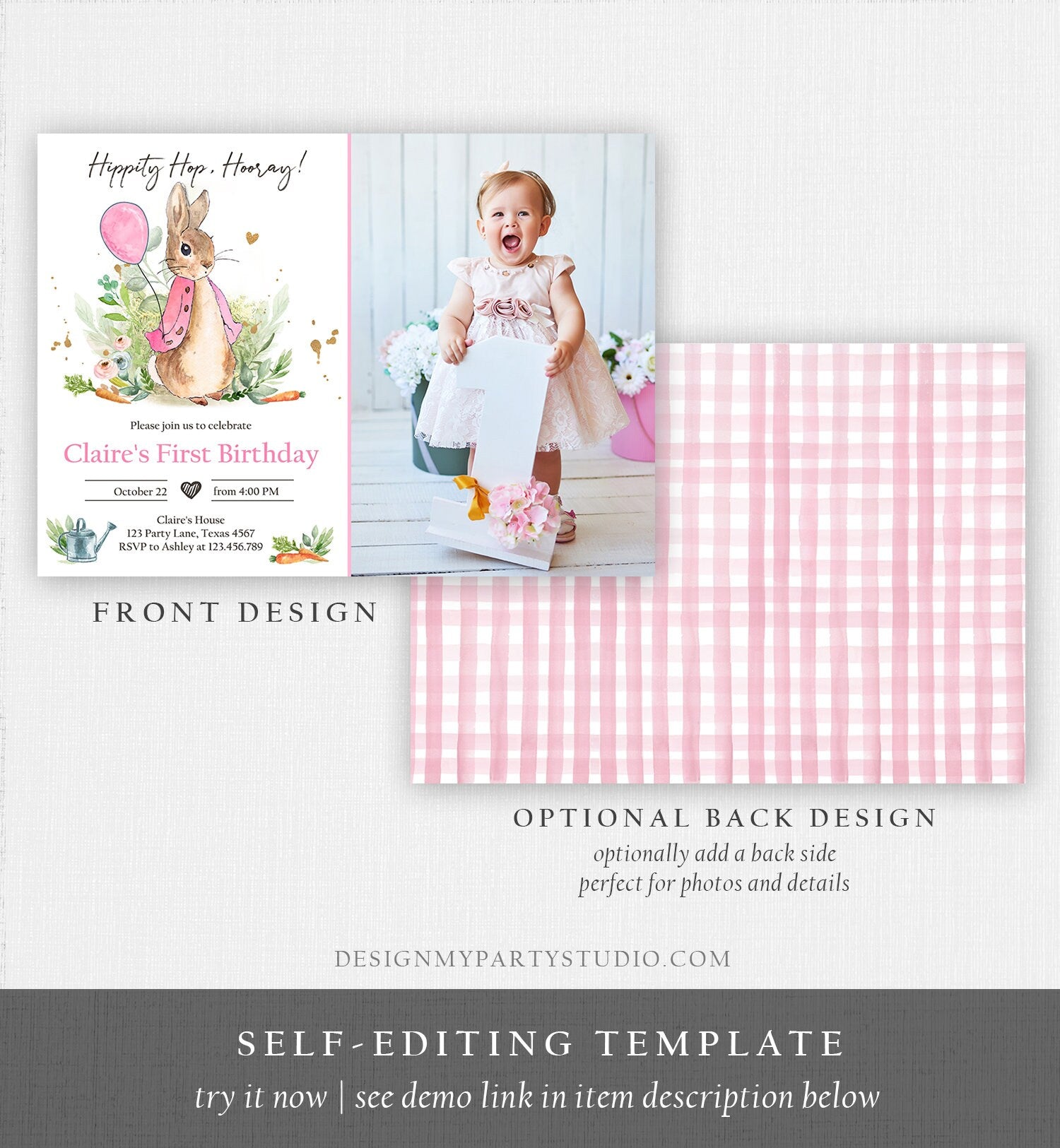 Editable Flopsy Bunny Birthday Invitation Gril Pink Rustic Peter Rabbit 1st Birthday Invite Watercolor Digital Corjl Template Printable 0351