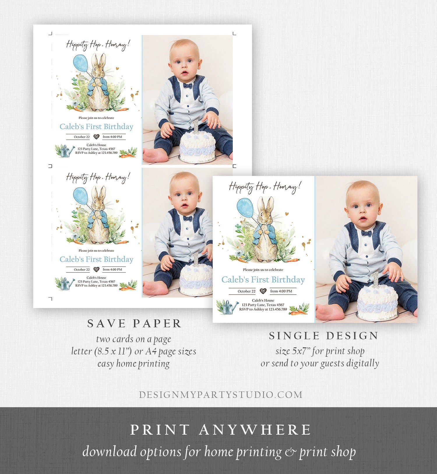 Editable Peter Rabbit Birthday Invitation Boy Blue Rustic Peter Rabbit 1st Birthday Invite Watercolor Digital Corjl Template Printable 0351