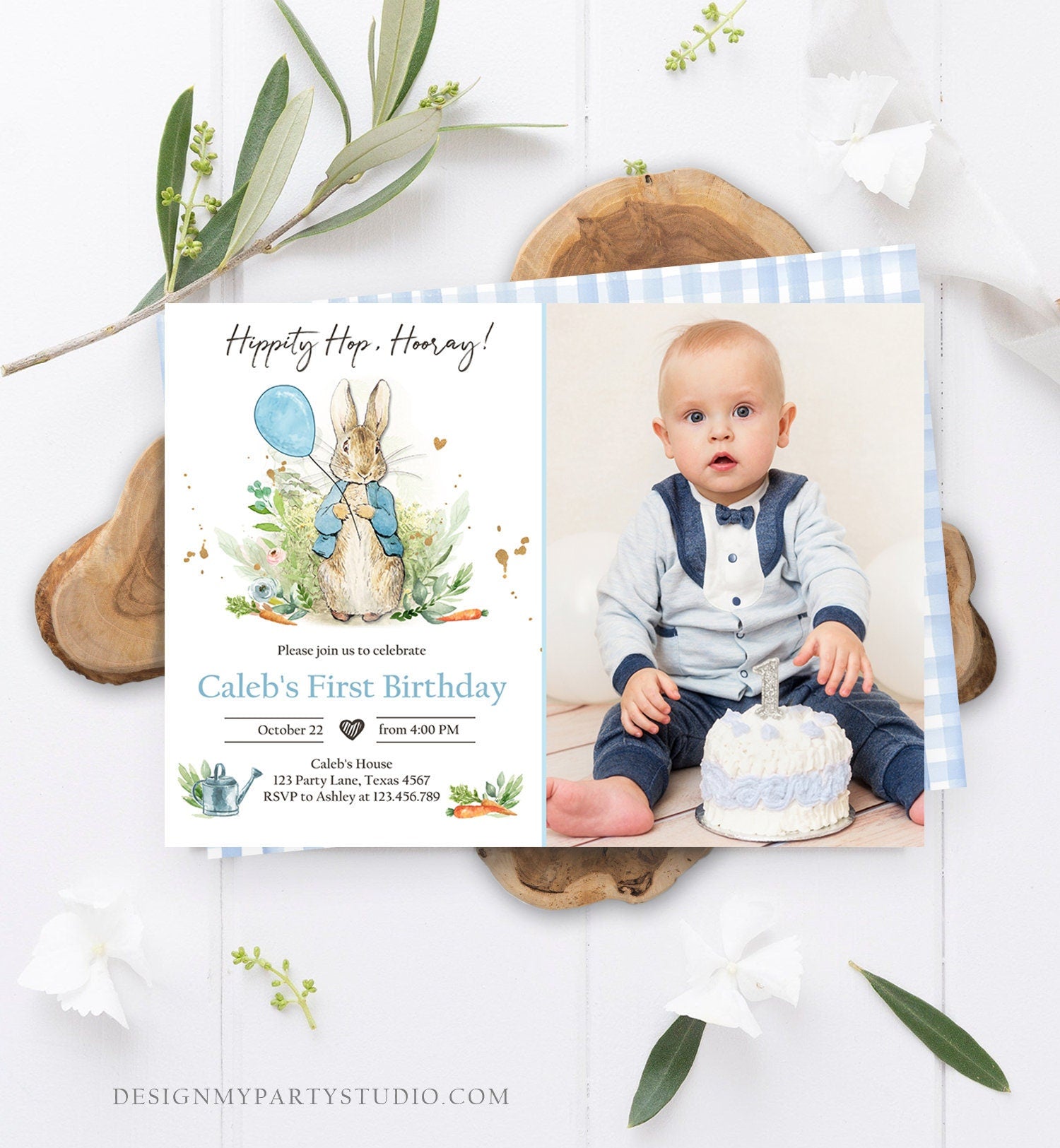 Editable Peter Rabbit Birthday Invitation Boy Blue Rustic Peter Rabbit 1st Birthday Invite Watercolor Digital Corjl Template Printable 0351