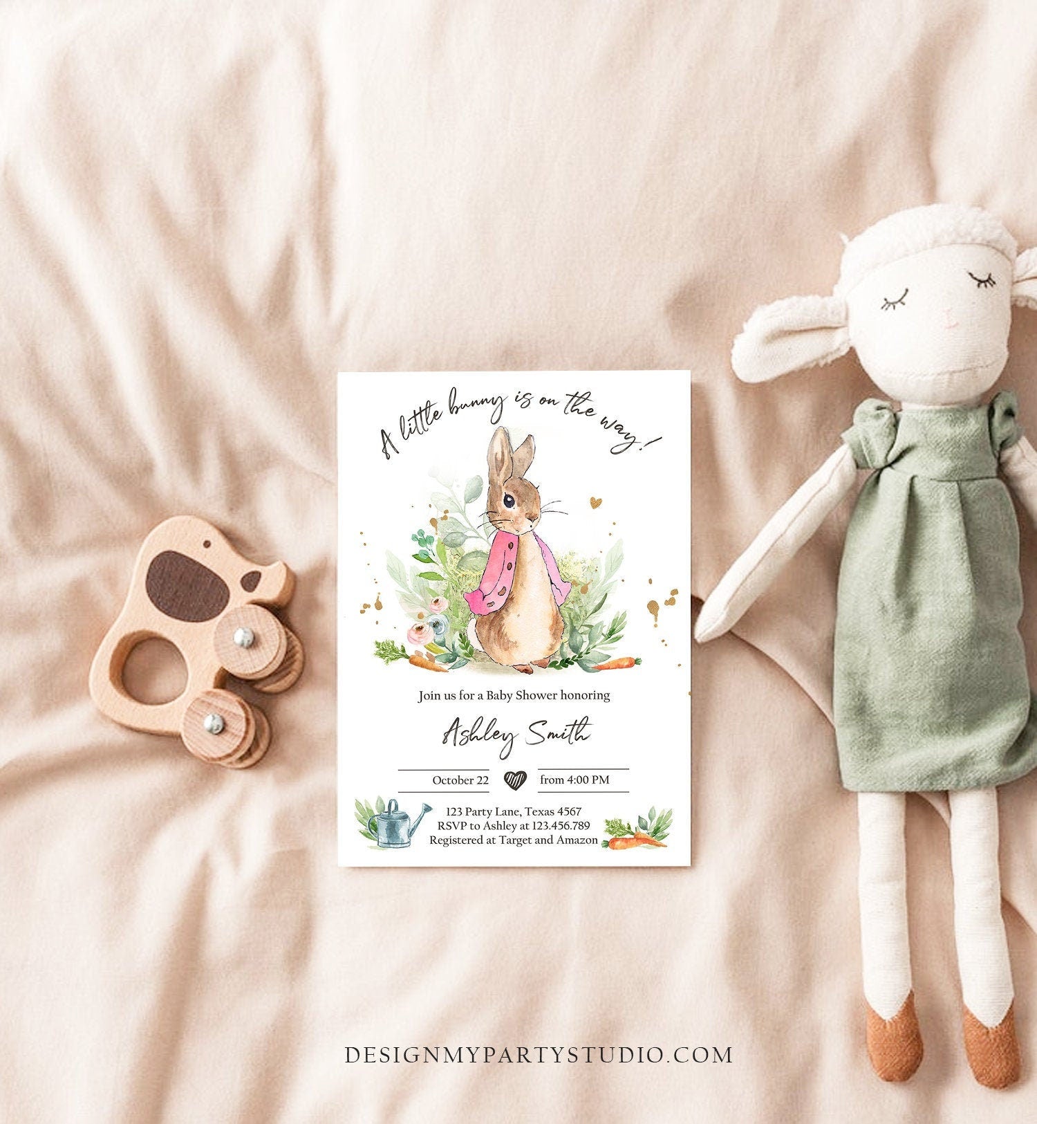 Editable Flopsy Bunny Baby Shower Invitation Girl Pink Rustic Peter Rabbit Invitation Spring Sprinkle Digital Corjl Template Printable 0351