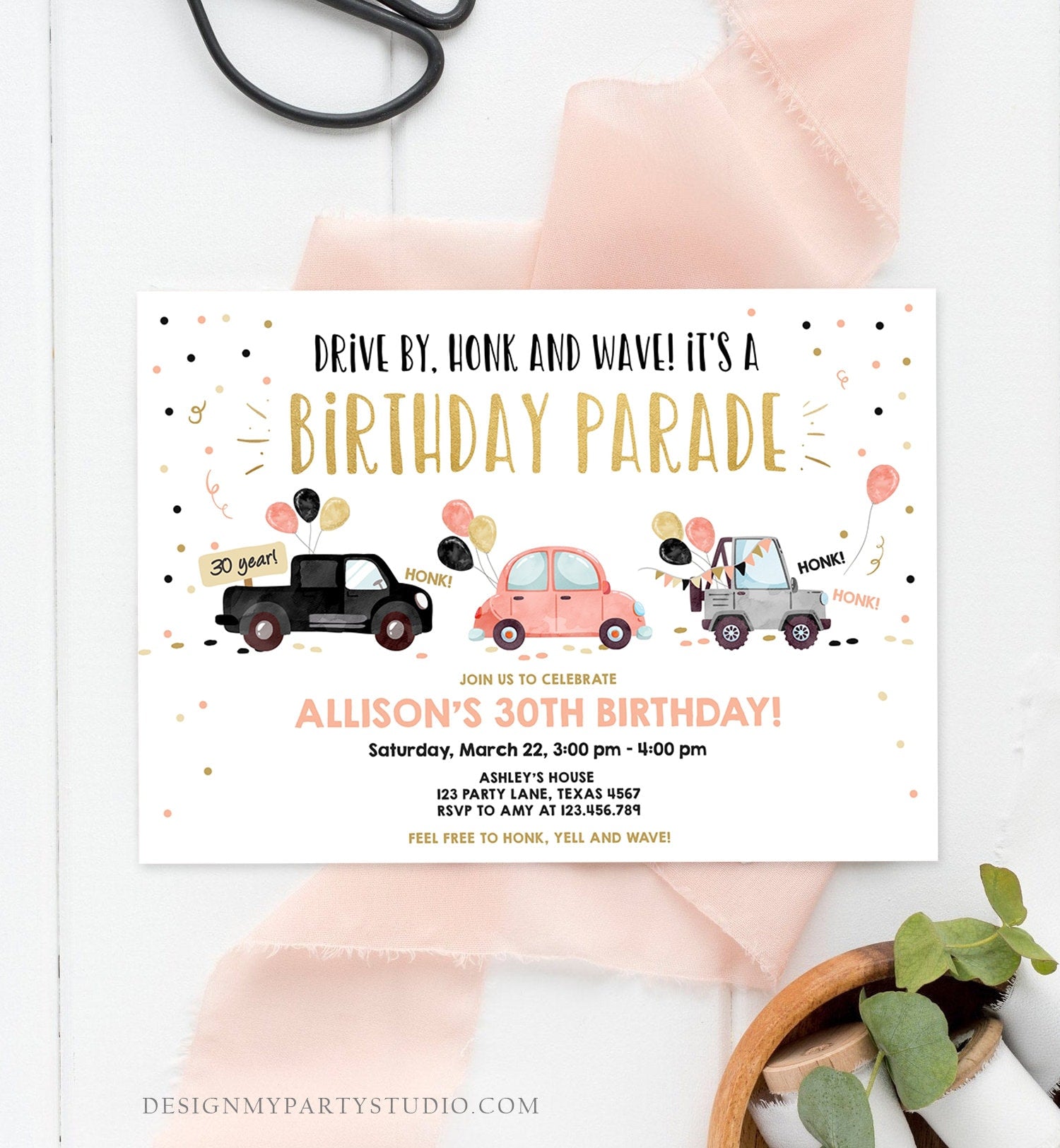 Editable Drive By Birthday Parade Invitation ANY AGE 30th Party Adult Coral Gold Girl Woman Drive Through Quarantine Digital Corjl 0337