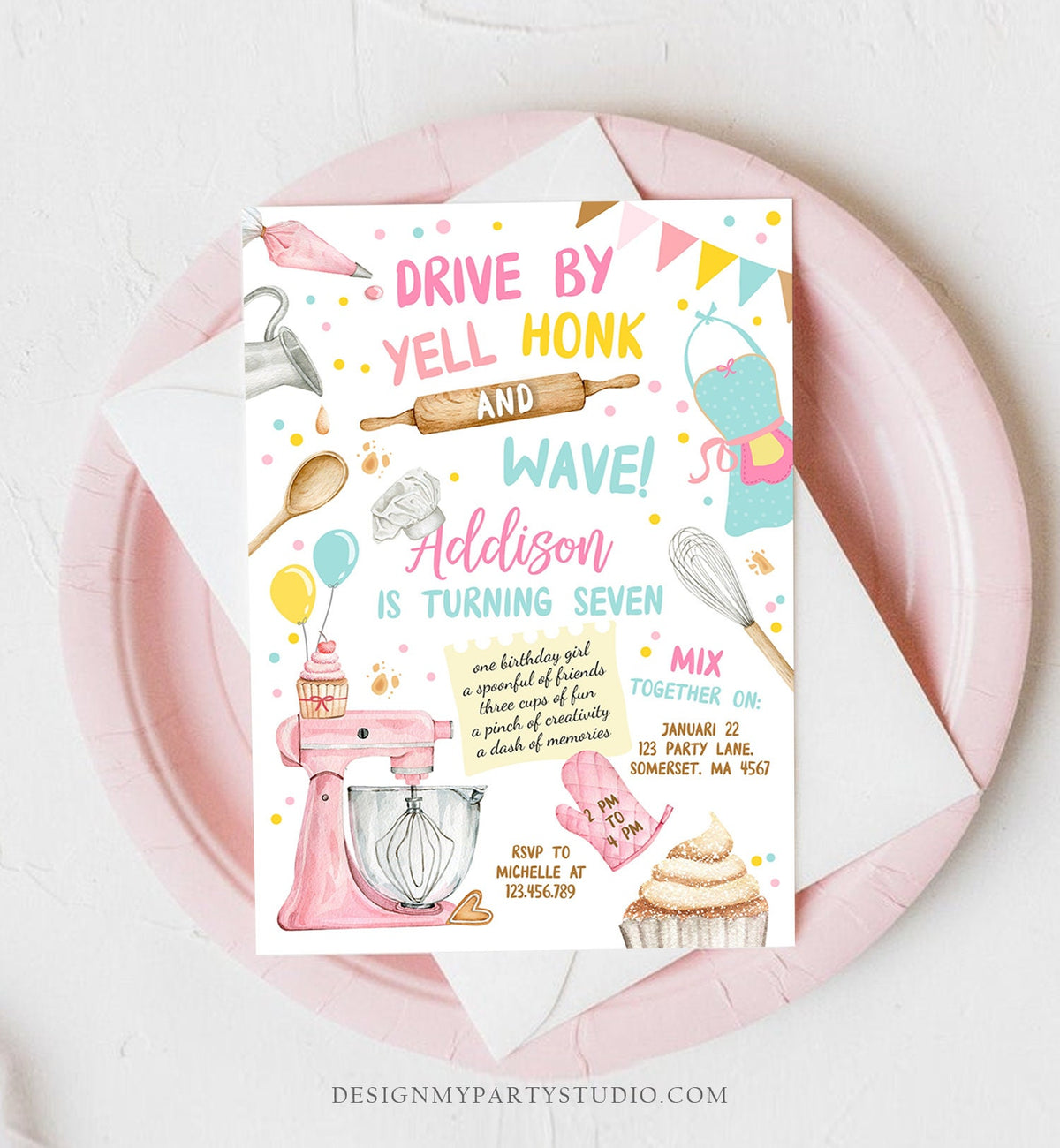 Editable Baking Drive By Birthday Party Invitation Kids Cooking Drive Through Girl Chef Kitchen Cupcakes Pink Corjl Template Printable 0364