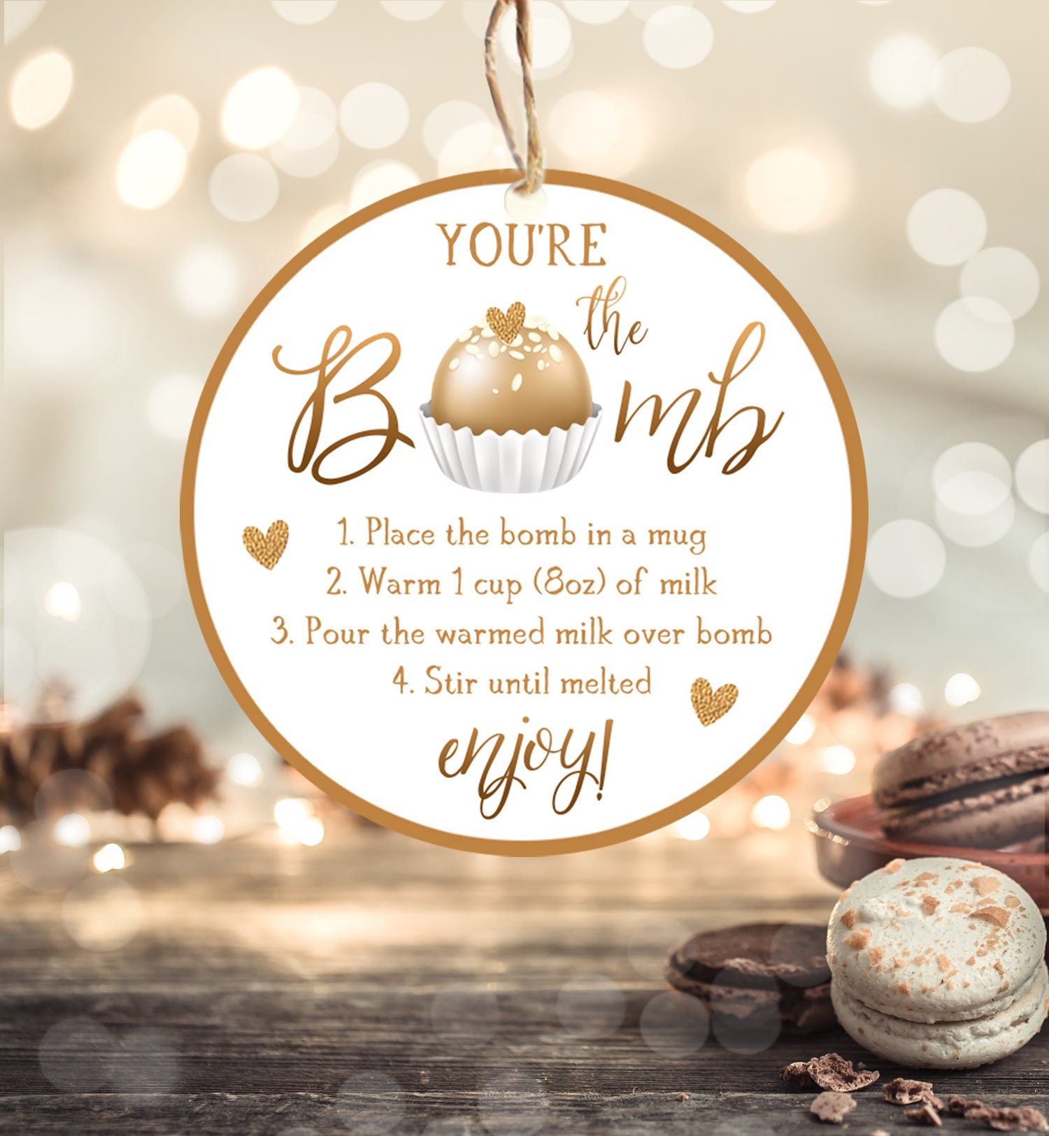 Editable Hot Chocolate Bomb Tag Valentine's Day Hot Cocoa Bomb You're The Bomb Heart Gold Valentine Gift Tag Digital Download Printable 0370