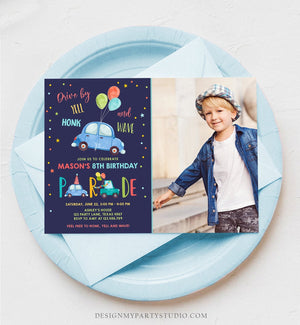 Editable Drive By Birthday Parade Invitation Balloons Rainbow Party Honk Wave Car Boy Blue Drive Through Download Corjl Template 0333