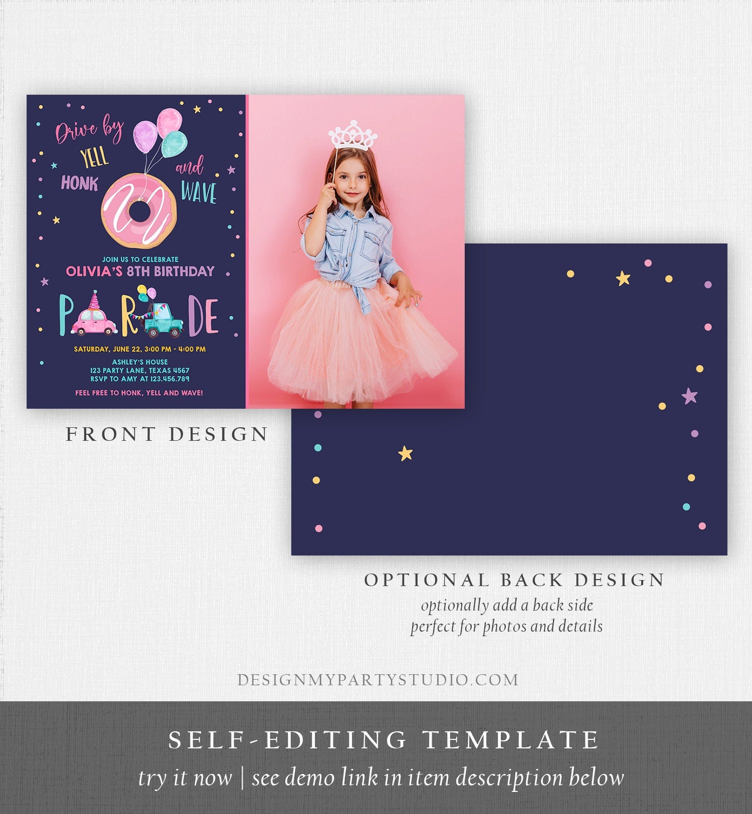 Editable Donut Drive By Birthday Parade Invitation Balloons Rainbow Party Honk Wave Car Girl Pink Drive Through Download Corjl Template 0343