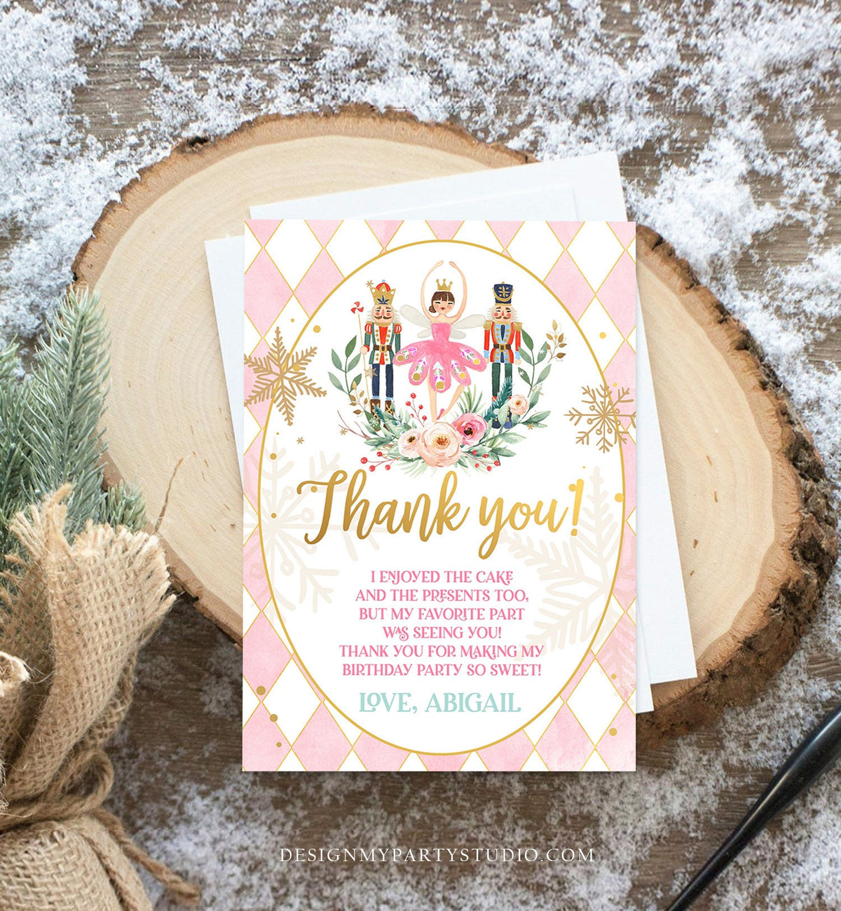 Editable Thank You Card Nutcracker Birthday Land of Sweets Thank You Note Sugar Plum Fairy Girl Pink Gold Label Corjl Template Digital 0352