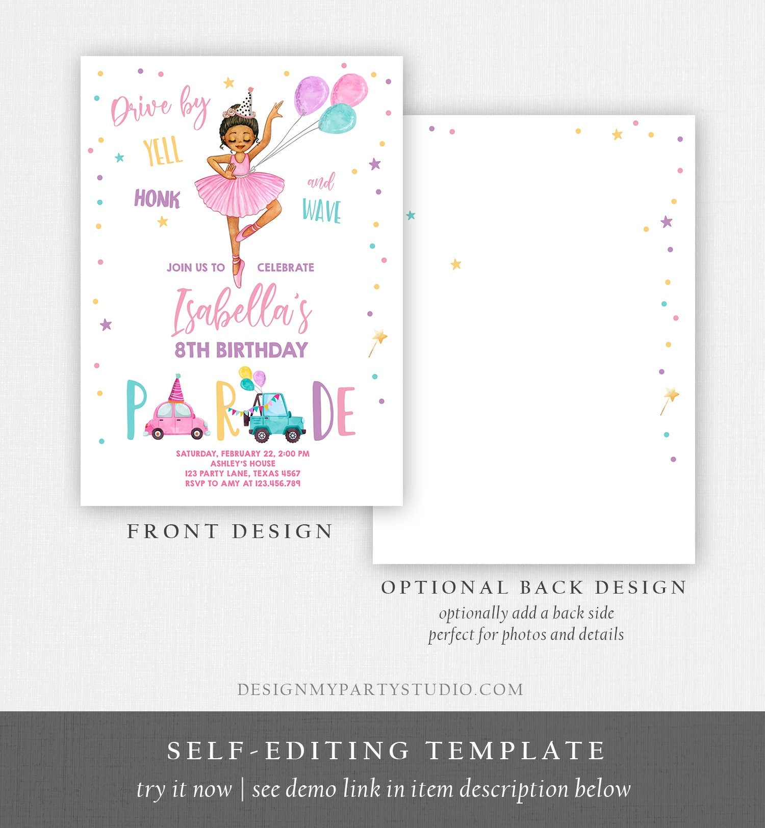 Editable Ballerina Drive By Birthday Parade Invitation Virtual Party Invite Ballet Tutu Car Girl Pink Quarantine Download Digital Corjl 0375