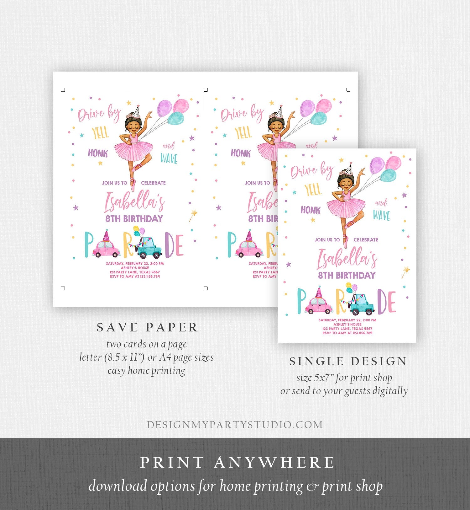 Editable Ballerina Drive By Birthday Parade Invitation Virtual Party Invite Ballet Tutu Car Girl Pink Quarantine Download Digital Corjl 0375