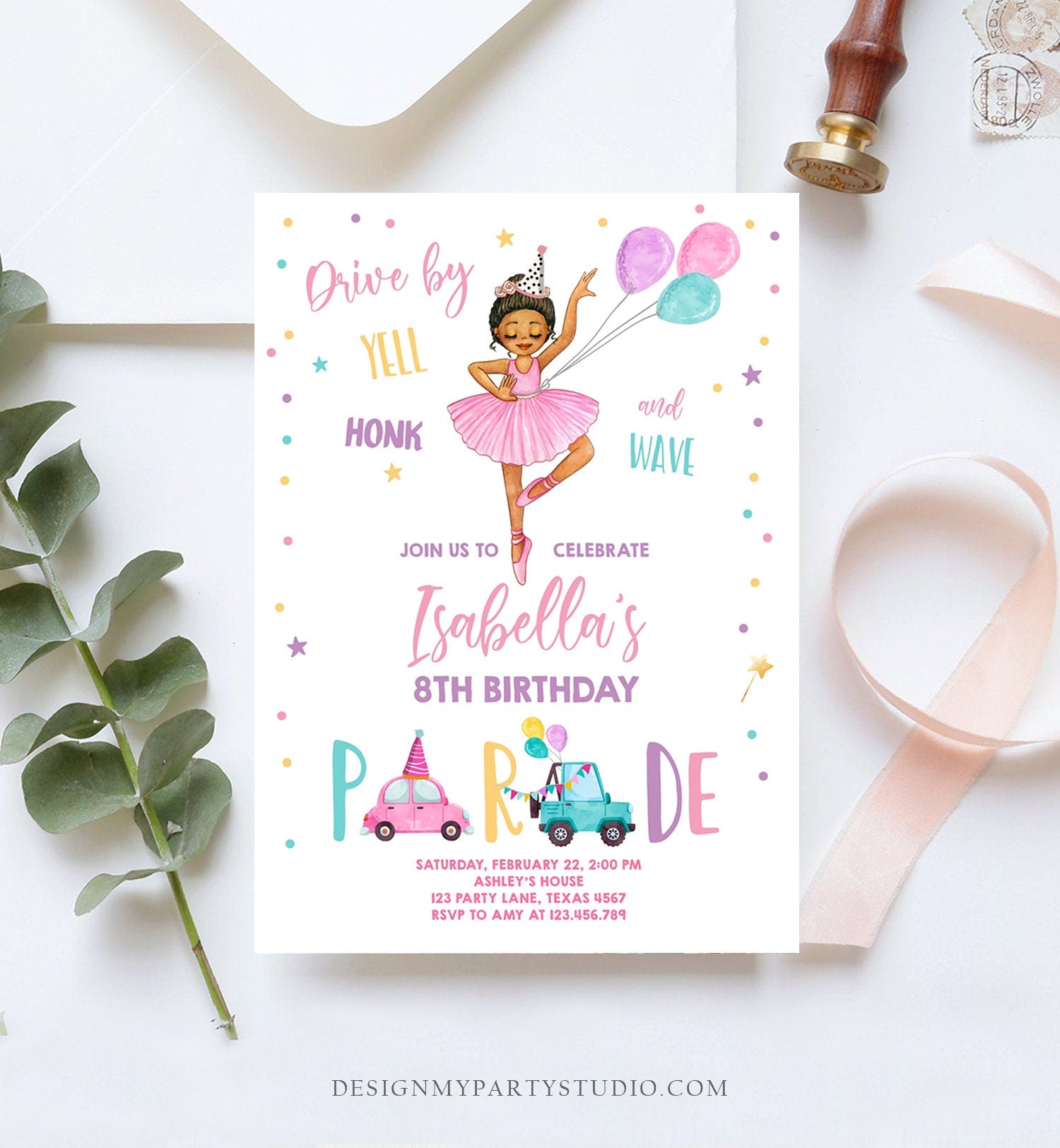 Editable Ballerina Drive By Birthday Parade Invitation Virtual Party Invite Ballet Tutu Car Girl Pink Quarantine Download Digital Corjl 0375