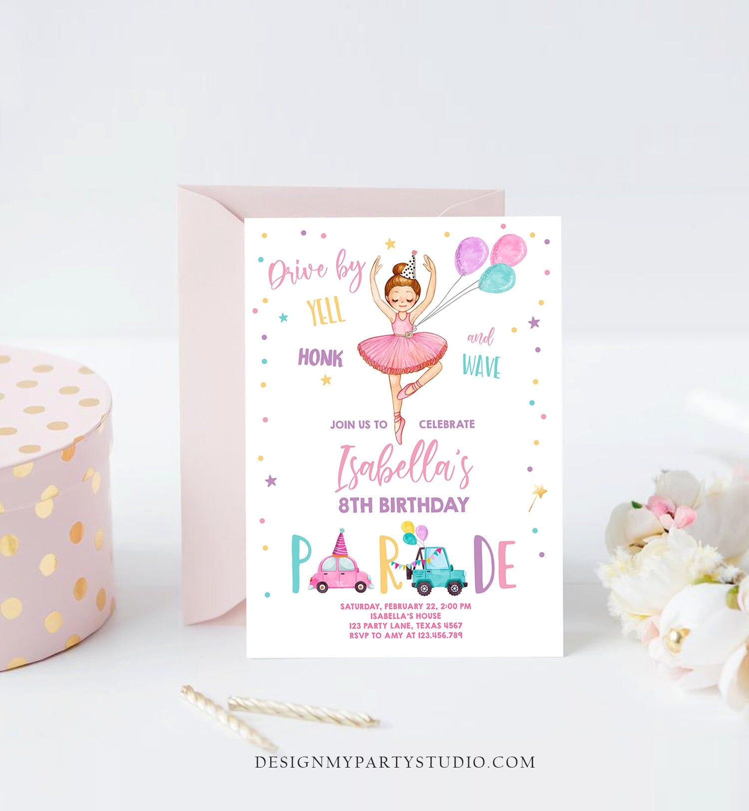 Editable Ballerina Drive By Birthday Parade Invitation Virtual Party Invite Ballet Tutu Car Girl Pink Quarantine Download Digital Corjl 0375